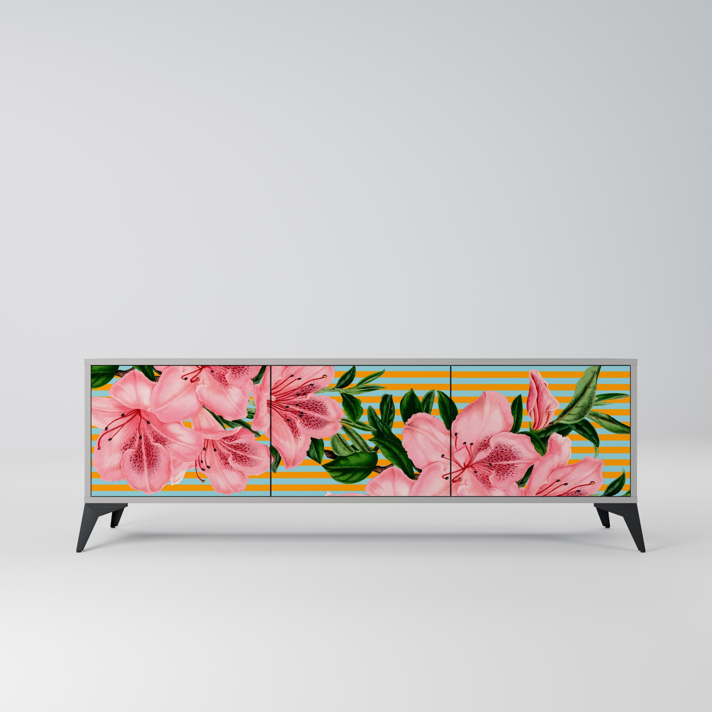 Meuble TV 3 portes FRAGILE BEAUTY, finition grise