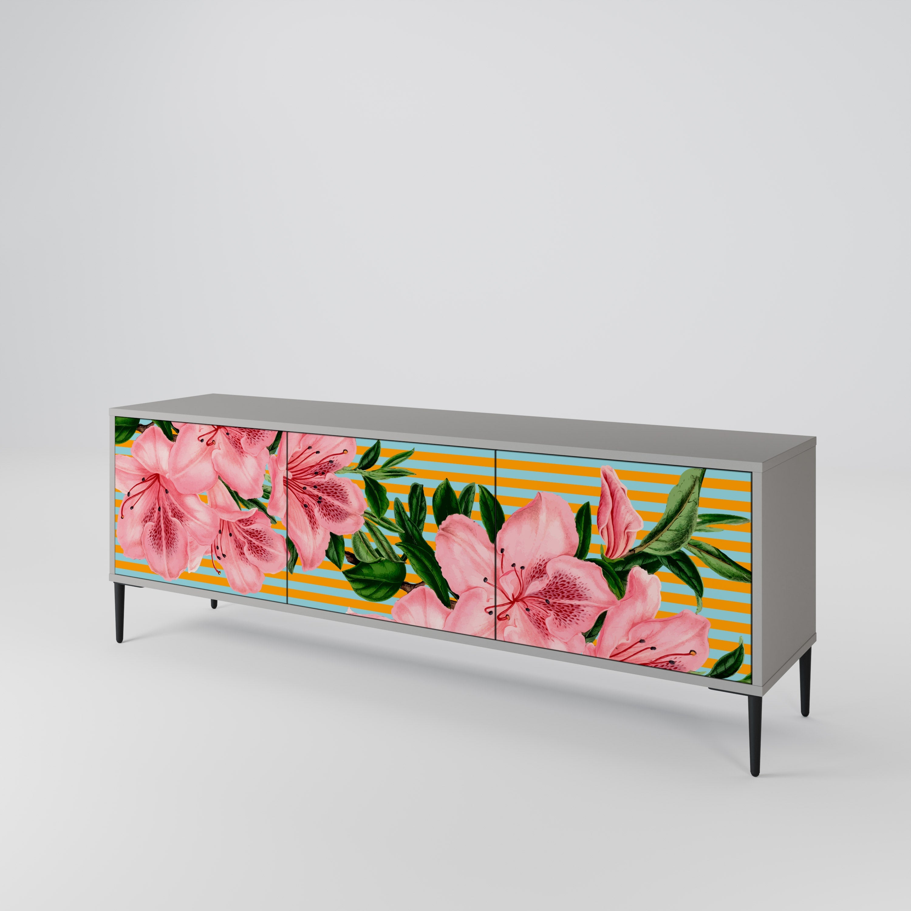 Meuble TV 3 portes FRAGILE BEAUTY, finition grise