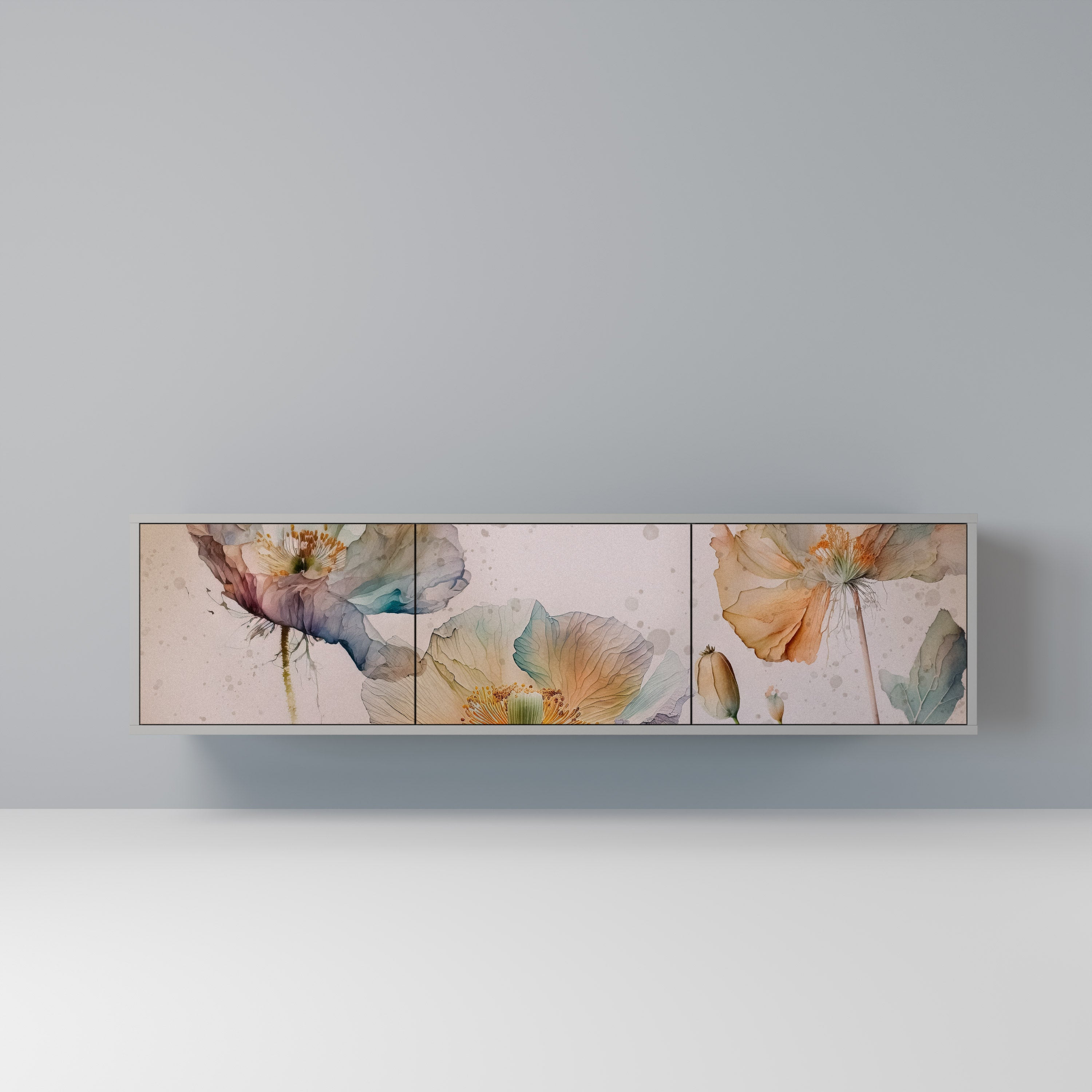 Meuble TV 3 portes SOFTEN POPPY, finition grise