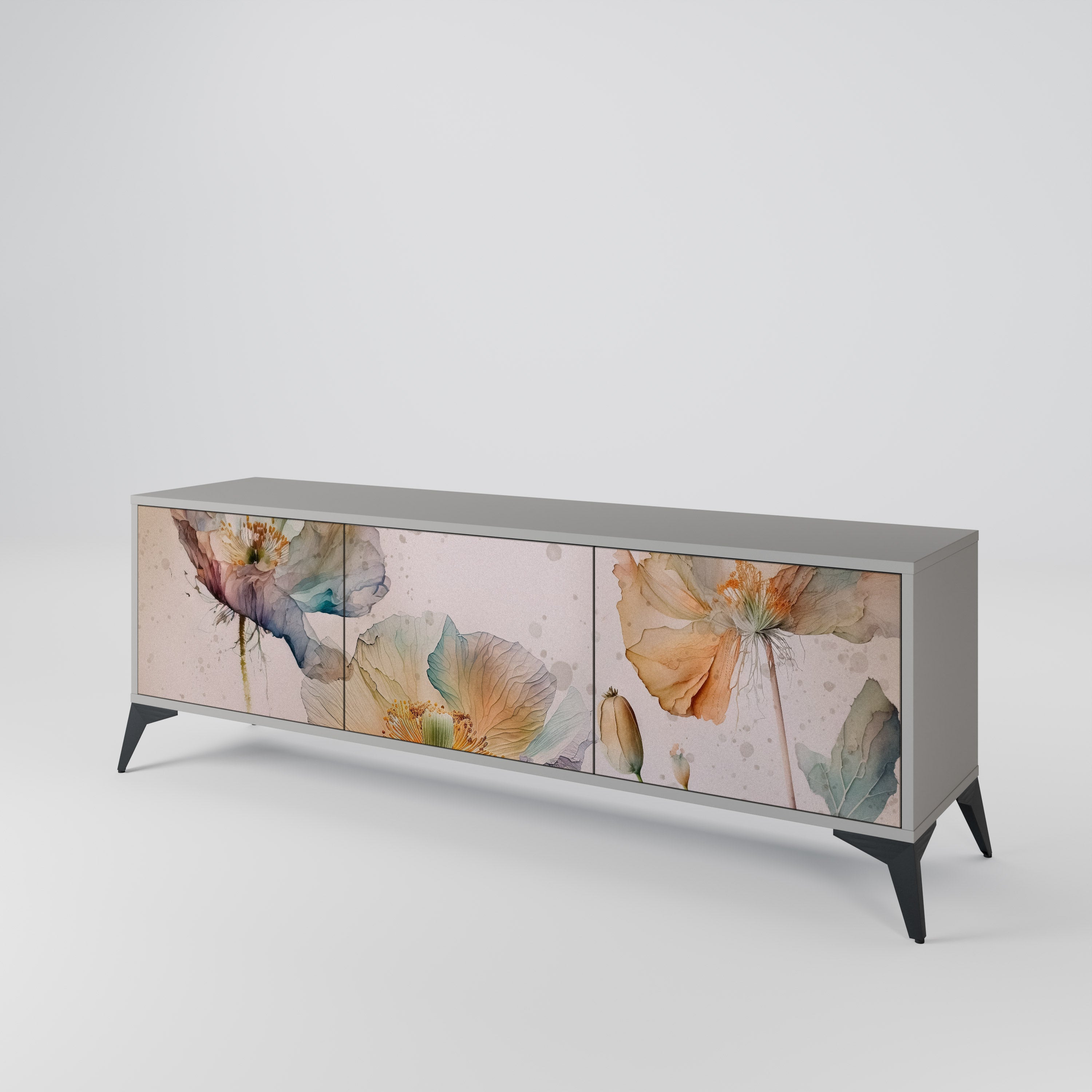 Meuble TV 3 portes SOFTEN POPPY, finition grise