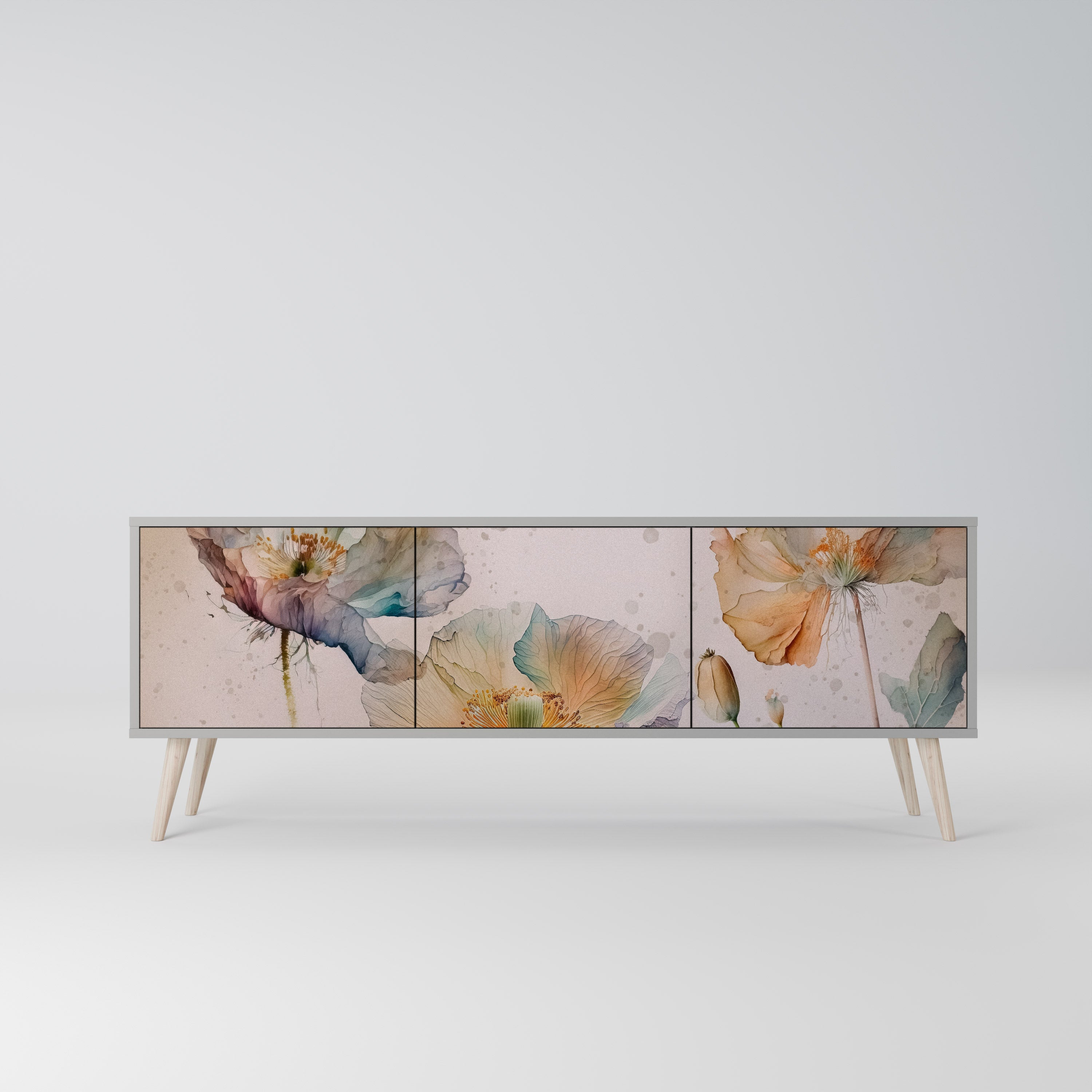 Meuble TV 3 portes SOFTEN POPPY, finition grise