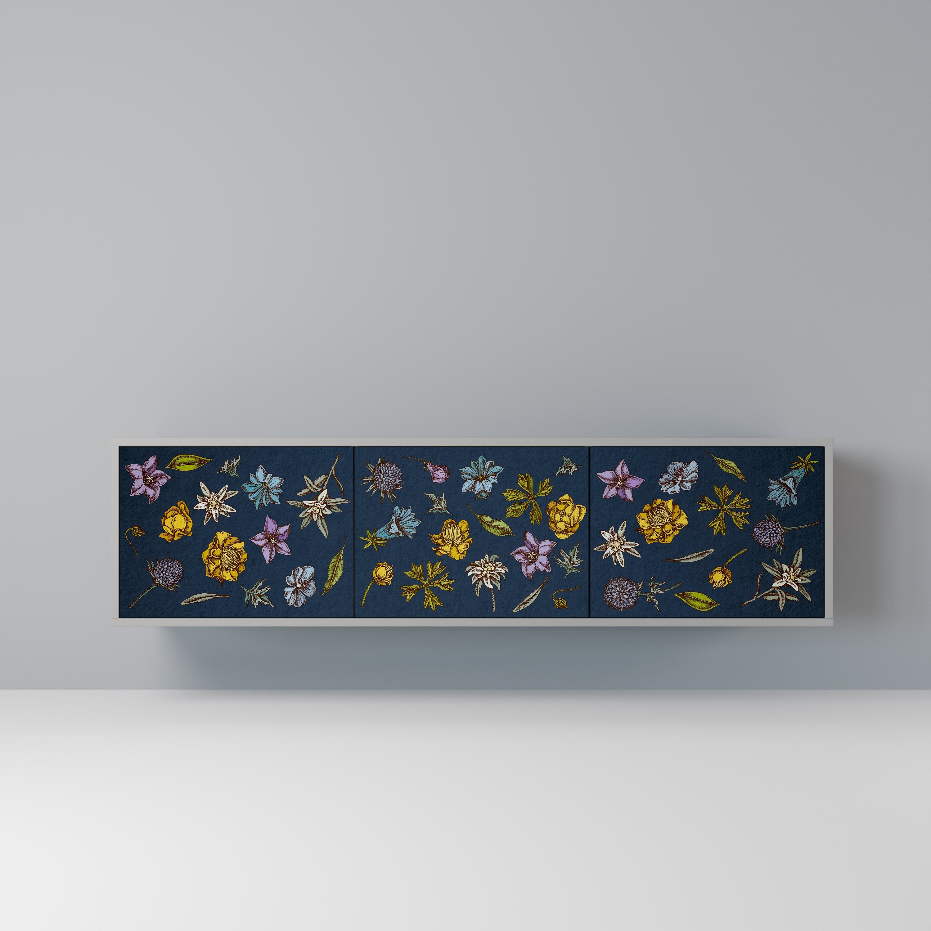 Meuble TV 3 portes FLOWERS ON NAVY BLUE, finition grise