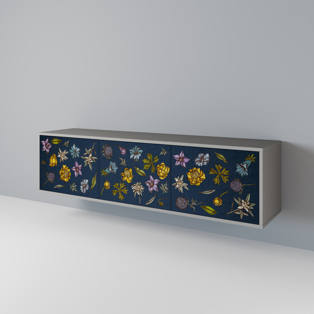 Meuble TV 3 portes FLOWERS ON NAVY BLUE, finition grise