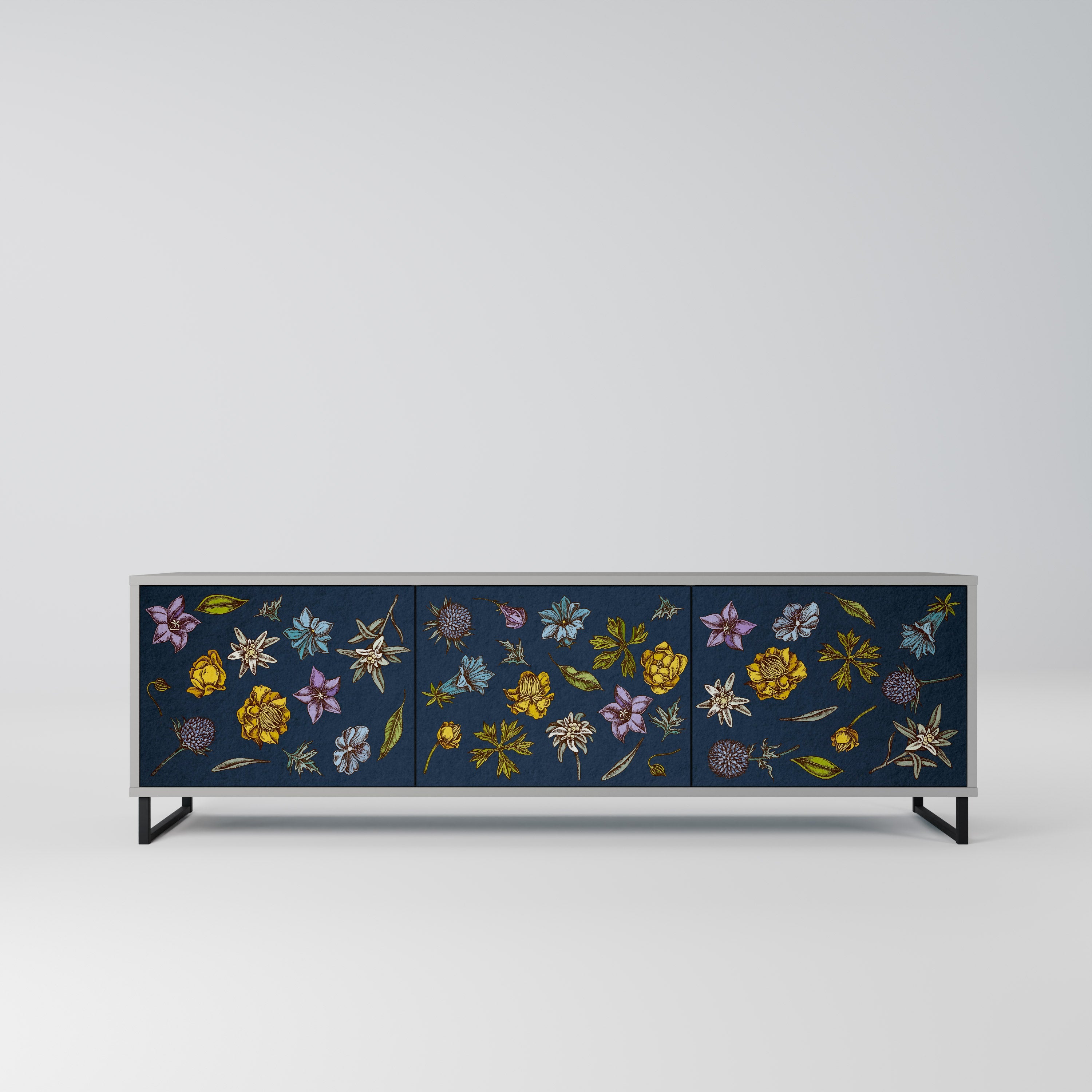 Meuble TV 3 portes FLOWERS ON NAVY BLUE, finition grise