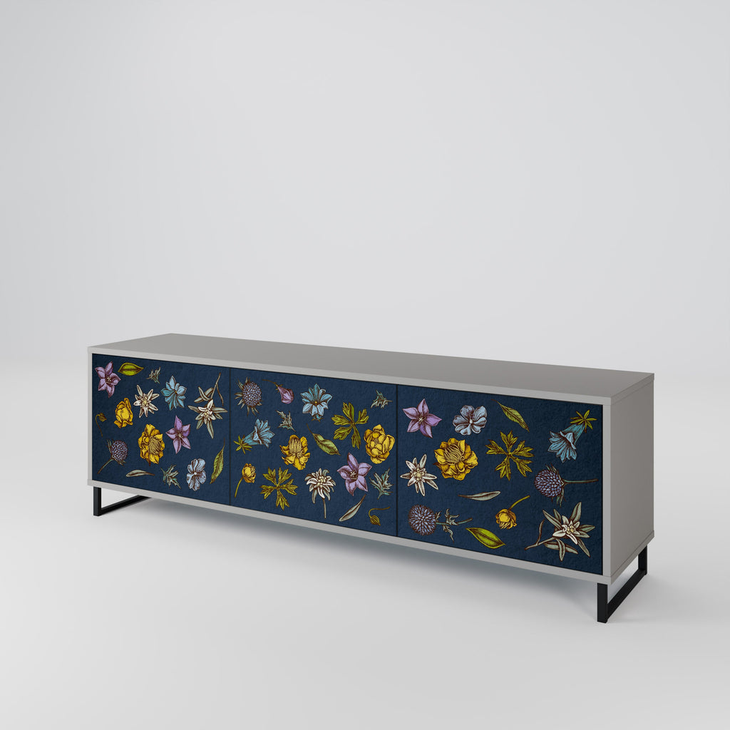 Meuble TV 3 portes FLOWERS ON NAVY BLUE, finition grise