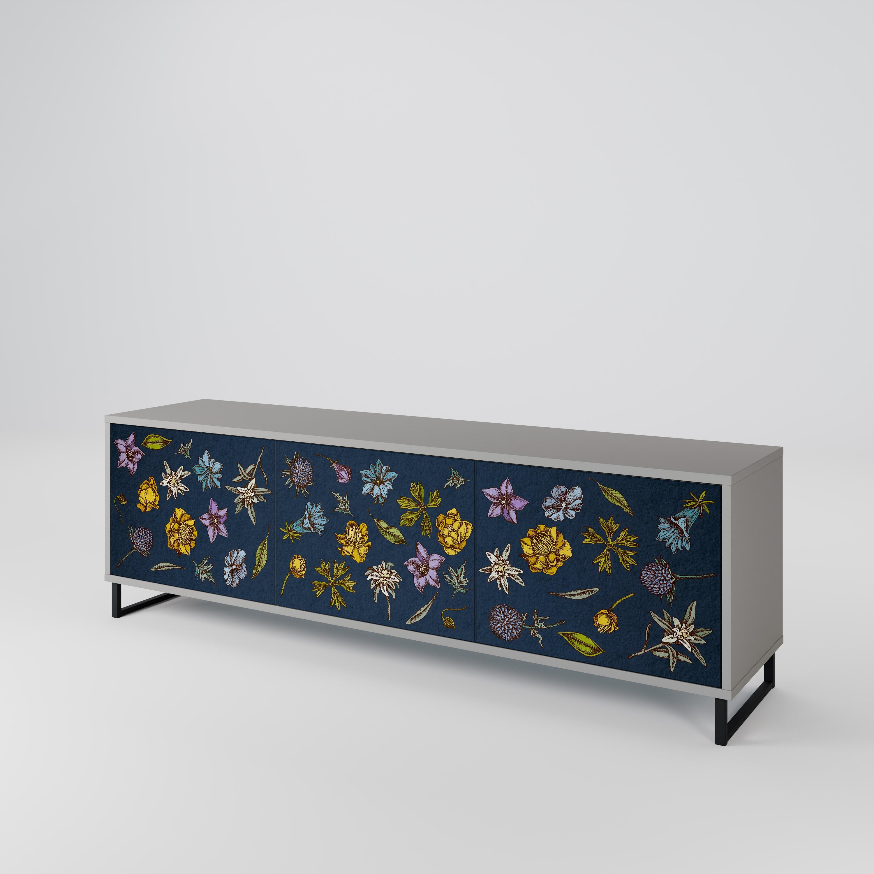 Meuble TV 3 portes FLOWERS ON NAVY BLUE, finition grise