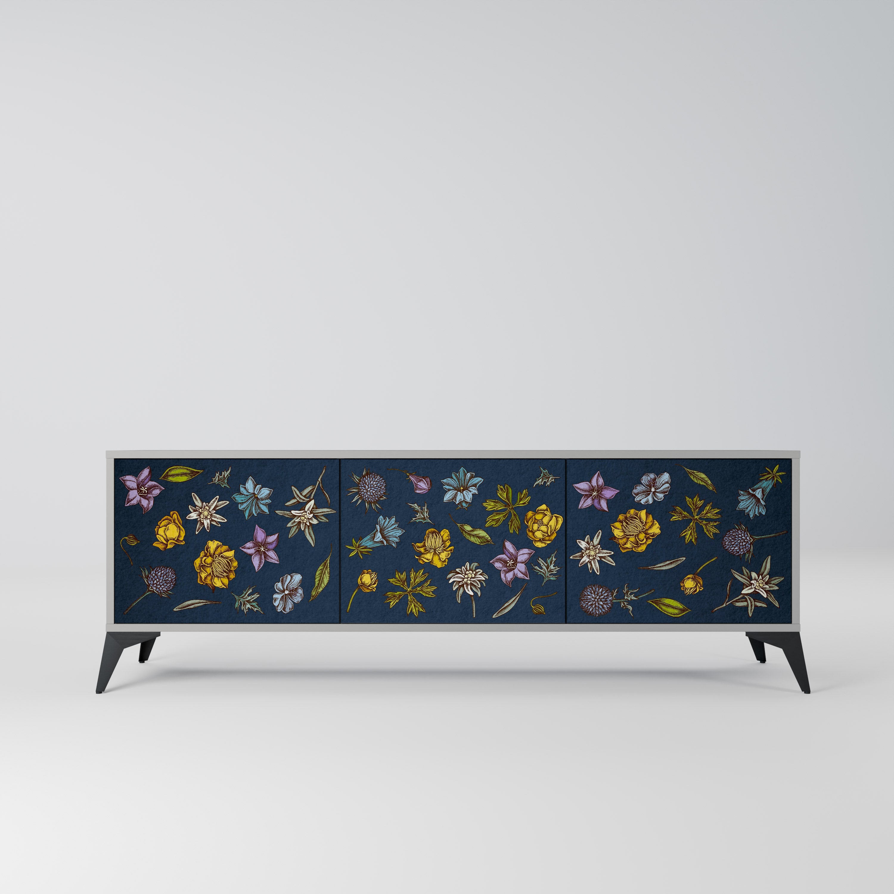 Meuble TV 3 portes FLOWERS ON NAVY BLUE, finition grise