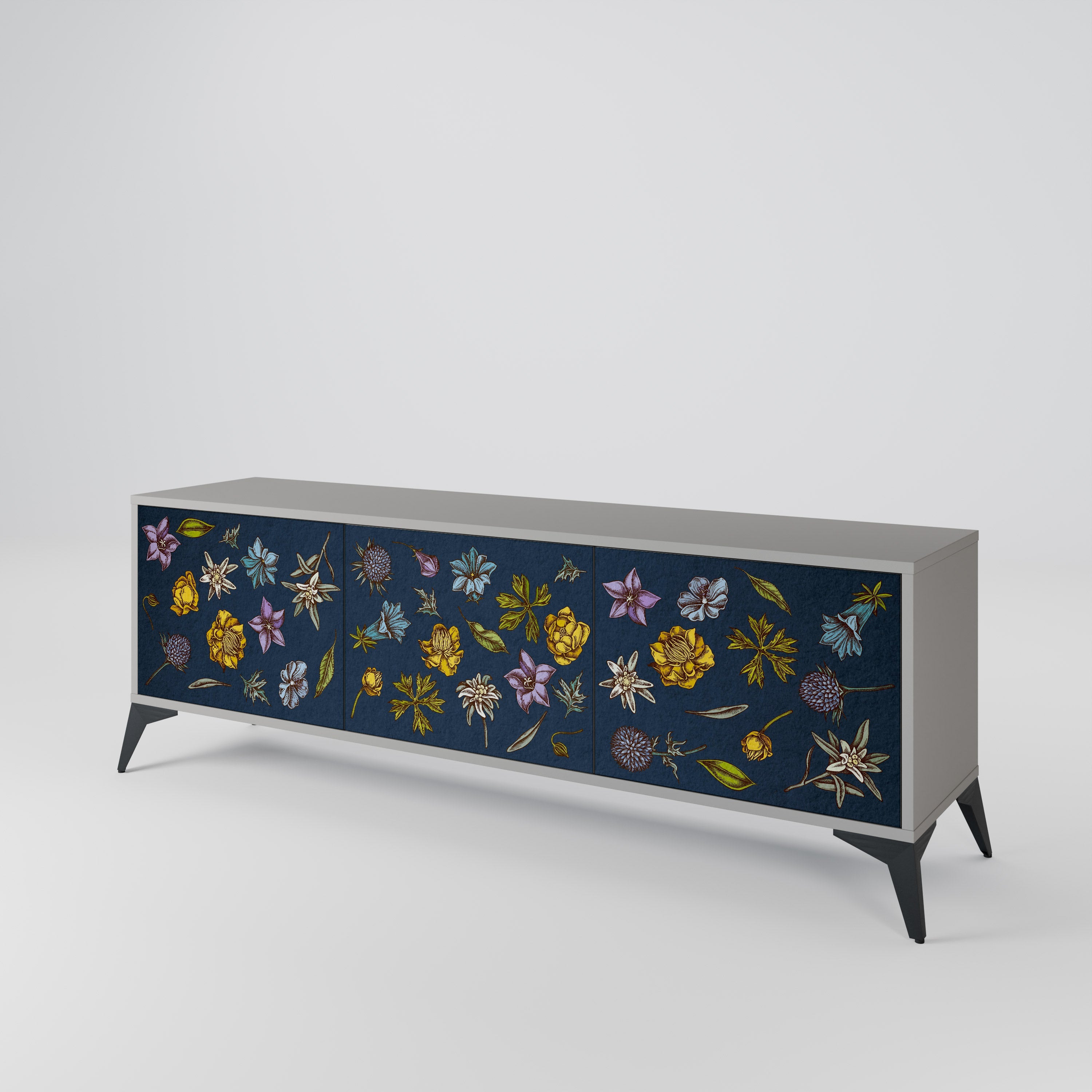 Meuble TV 3 portes FLOWERS ON NAVY BLUE, finition grise
