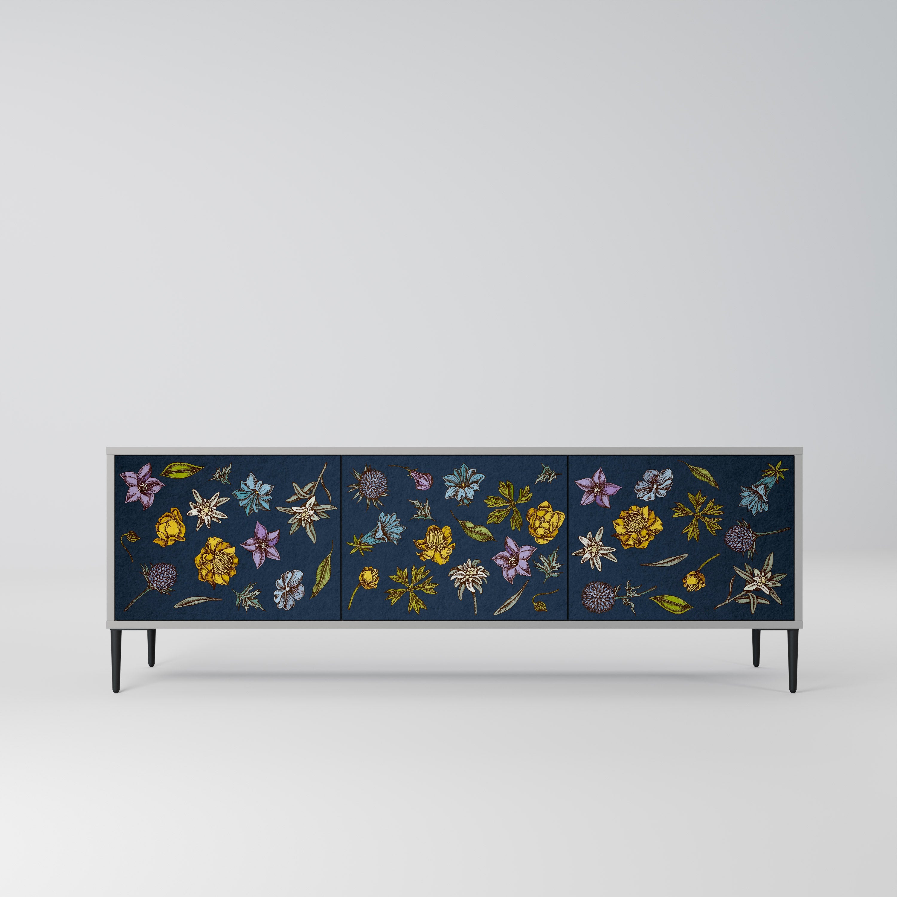 Meuble TV 3 portes FLOWERS ON NAVY BLUE, finition grise