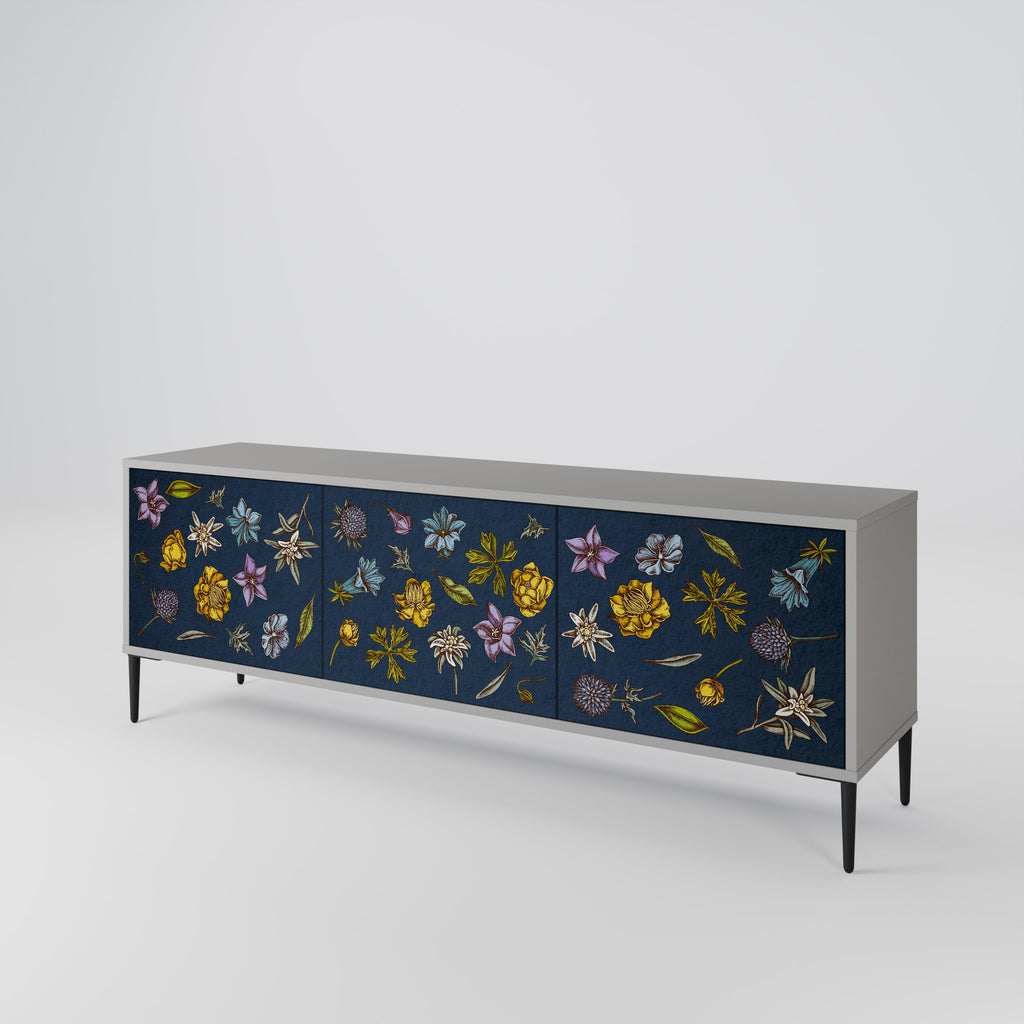 Meuble TV 3 portes FLOWERS ON NAVY BLUE, finition grise