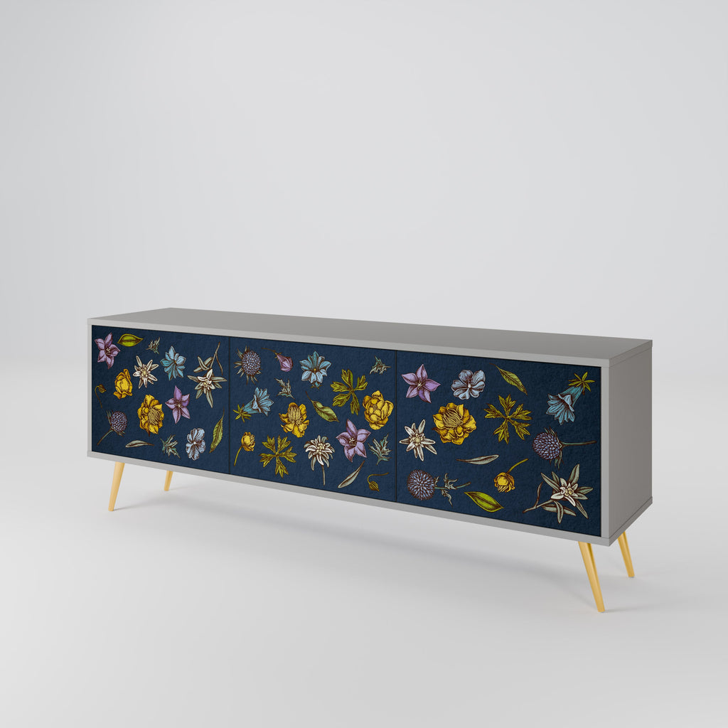 Meuble TV 3 portes FLOWERS ON NAVY BLUE, finition grise