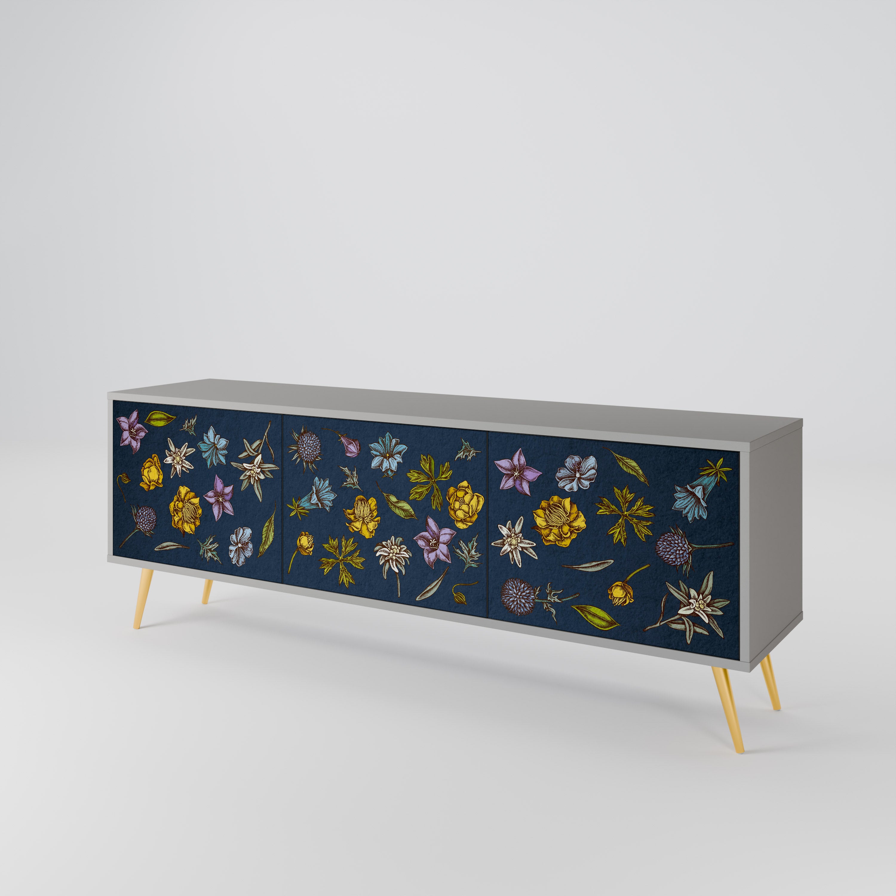 FLOWERS ON NAVY BLUE 3-Door TV Cabinet