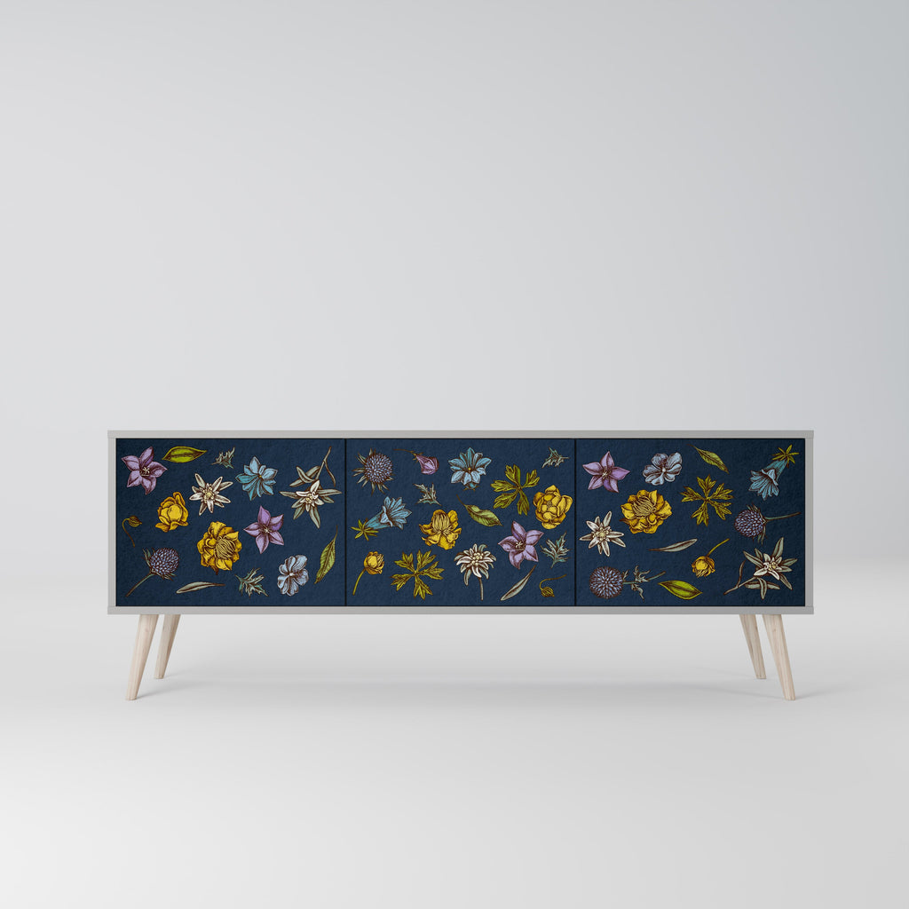 Meuble TV 3 portes FLOWERS ON NAVY BLUE, finition grise
