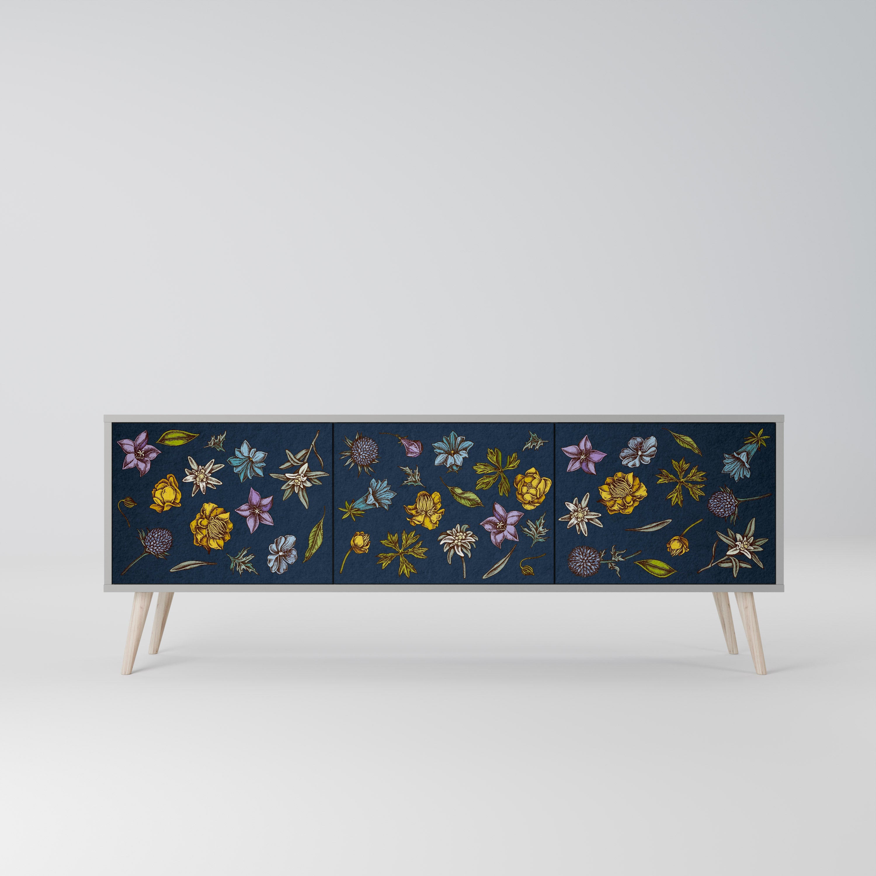 Meuble TV 3 portes FLOWERS ON NAVY BLUE, finition grise