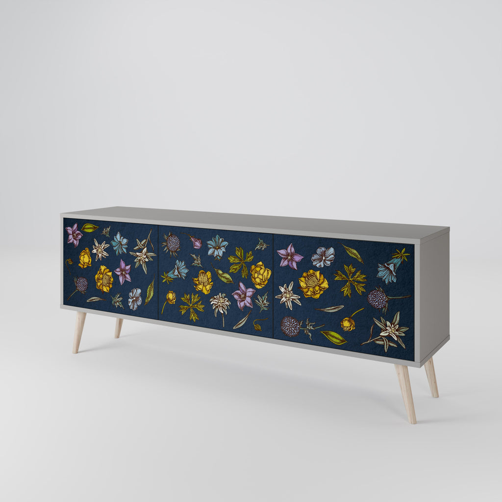 Meuble TV 3 portes FLOWERS ON NAVY BLUE, finition grise
