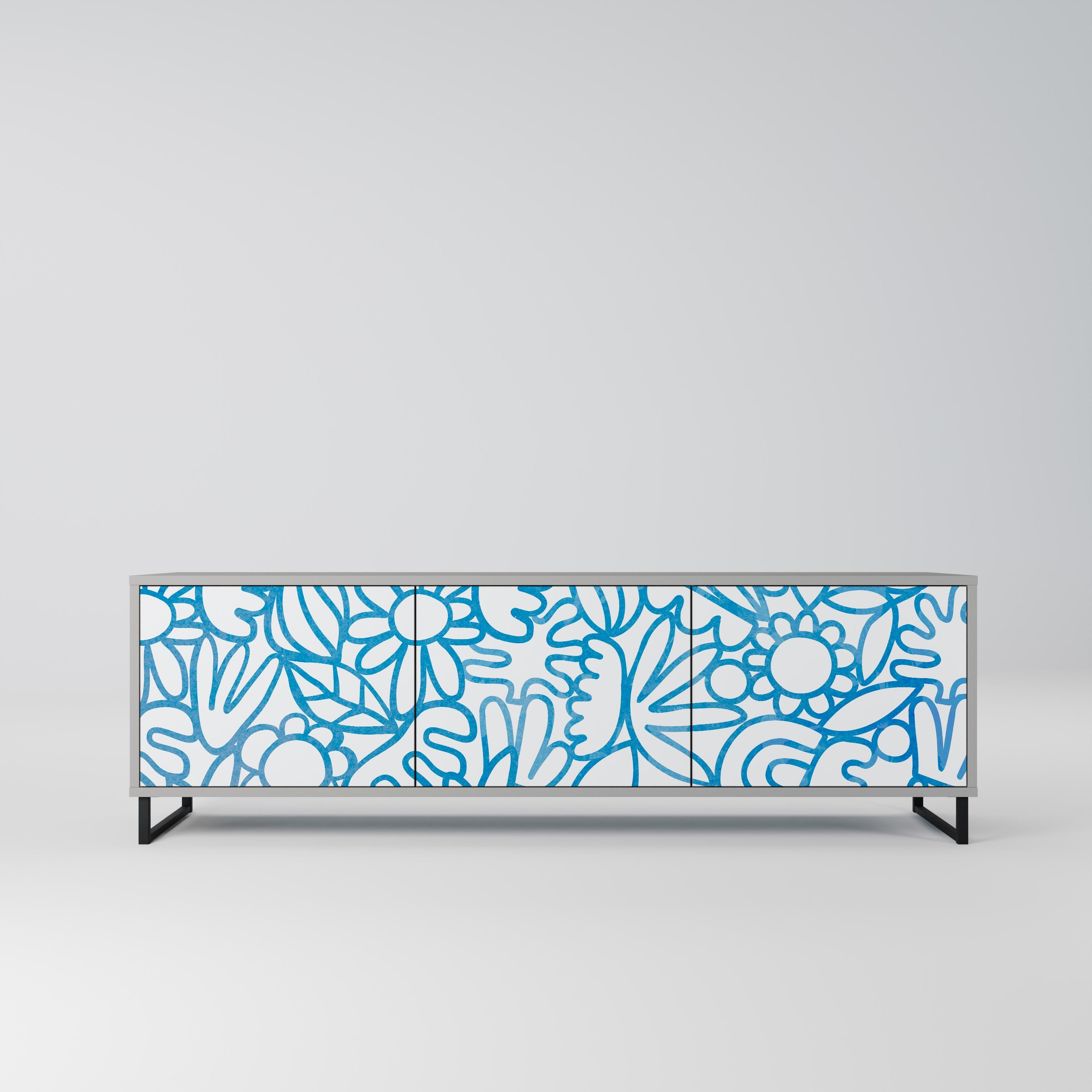 Meuble TV 3 portes BLOOMY MORNING, finition grise