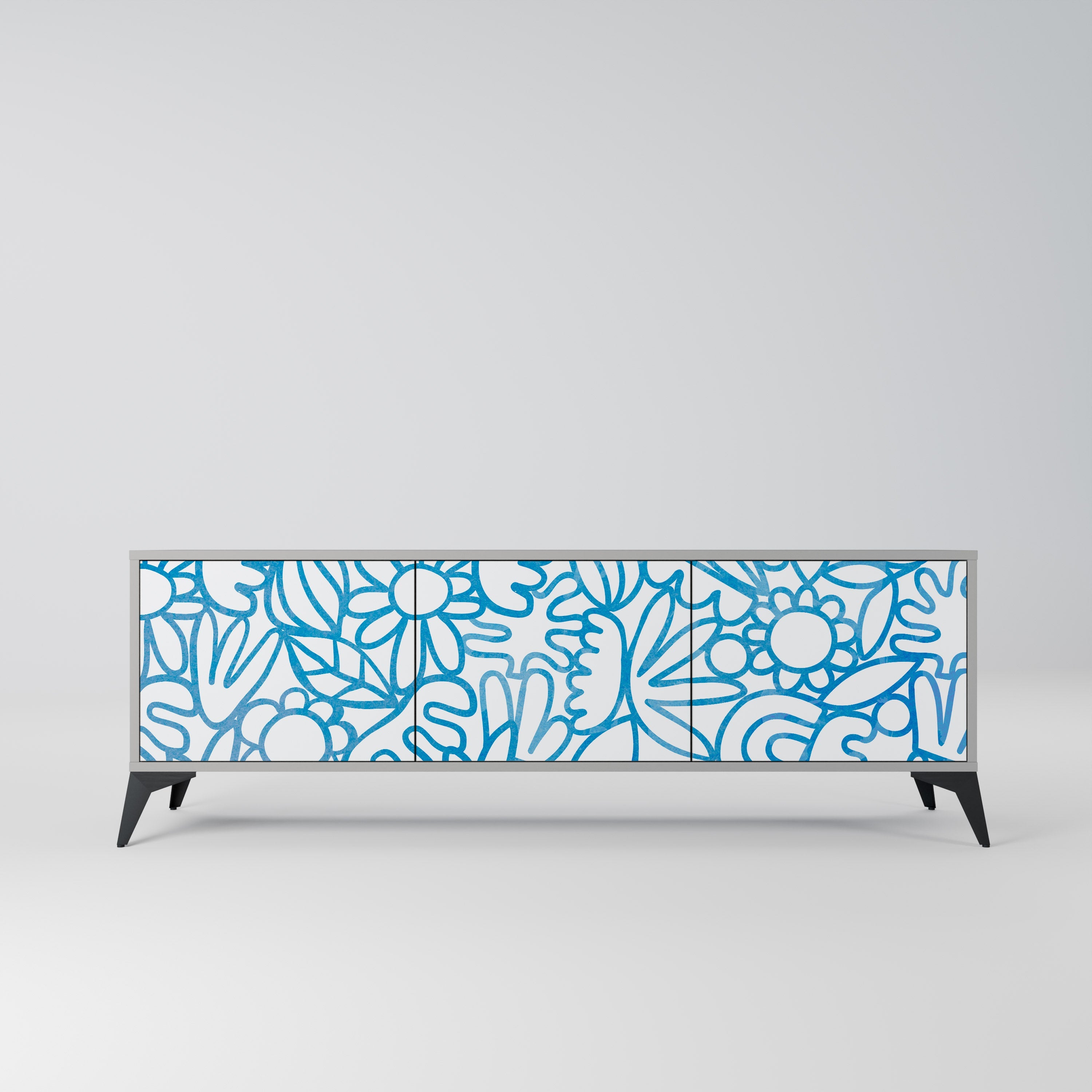 Meuble TV 3 portes BLOOMY MORNING, finition grise