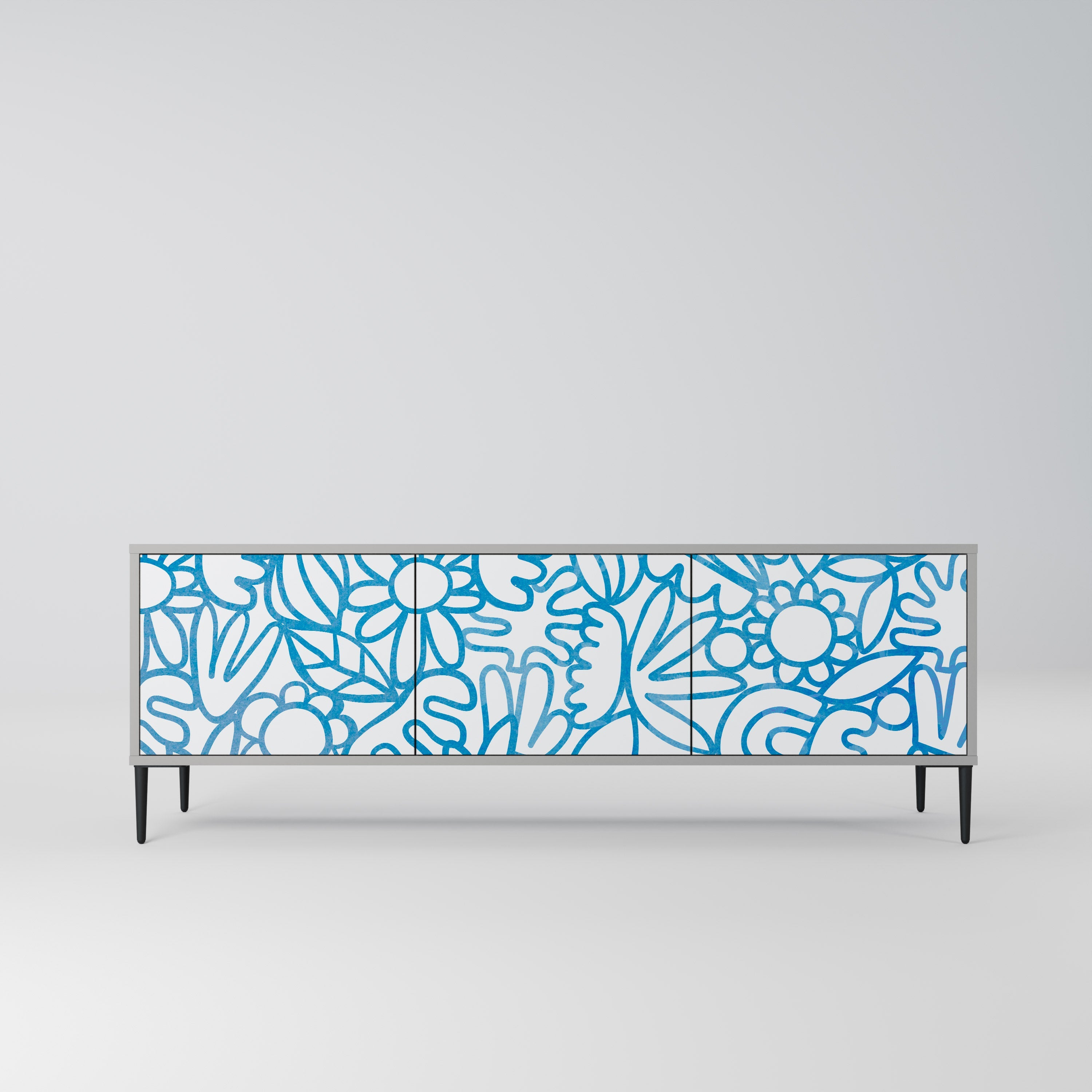 Meuble TV 3 portes BLOOMY MORNING, finition grise