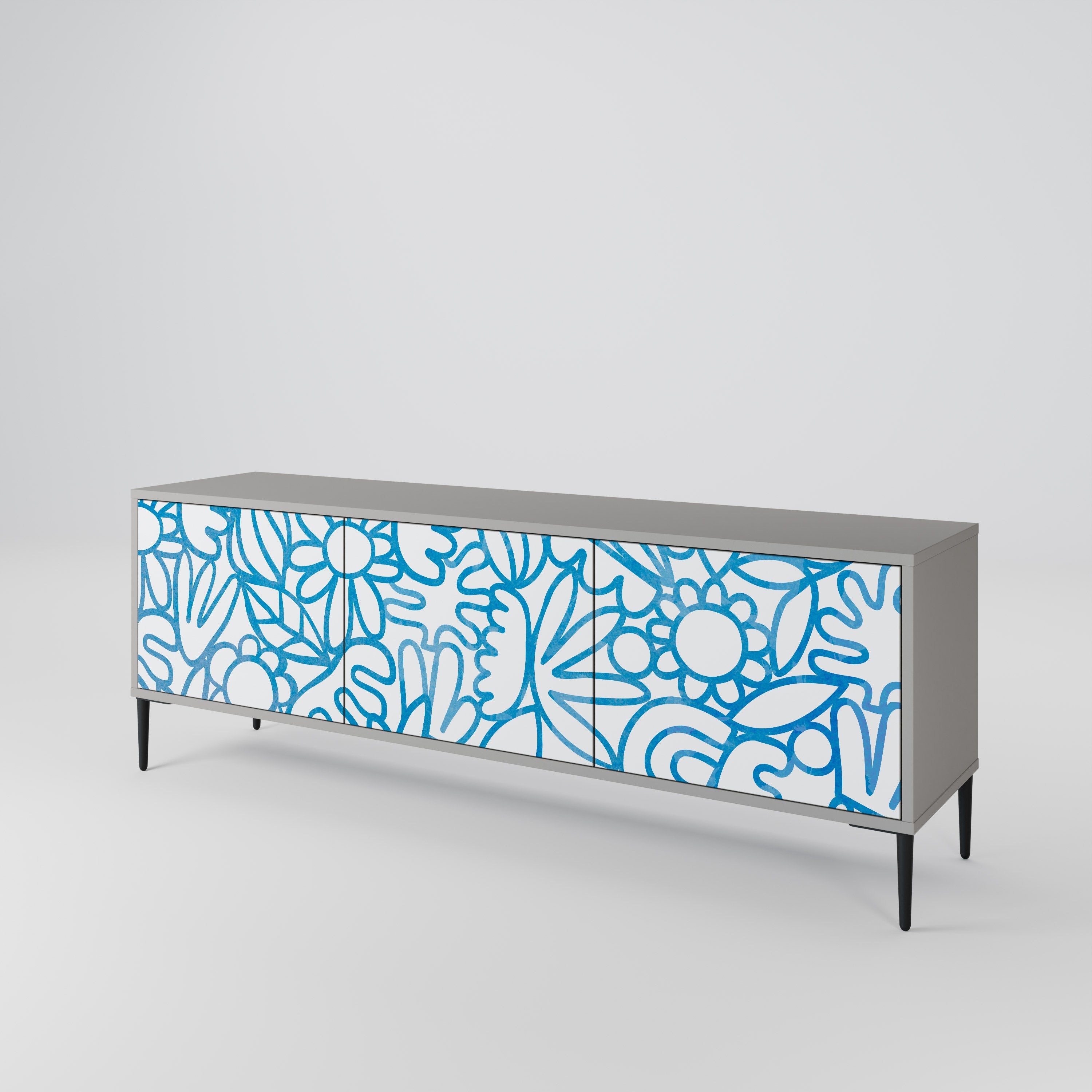 Meuble TV 3 portes BLOOMY MORNING, finition grise