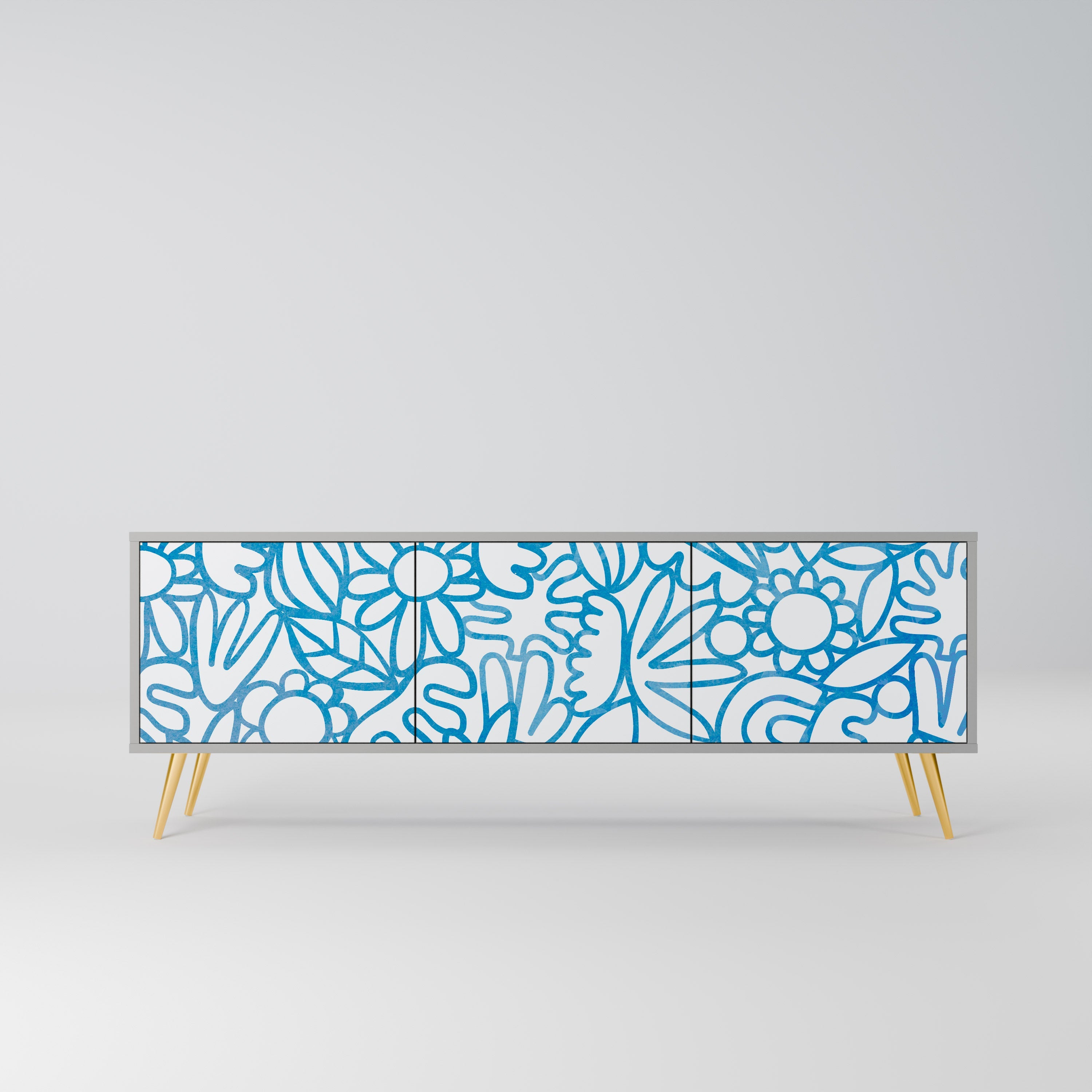 Meuble TV 3 portes BLOOMY MORNING, finition grise