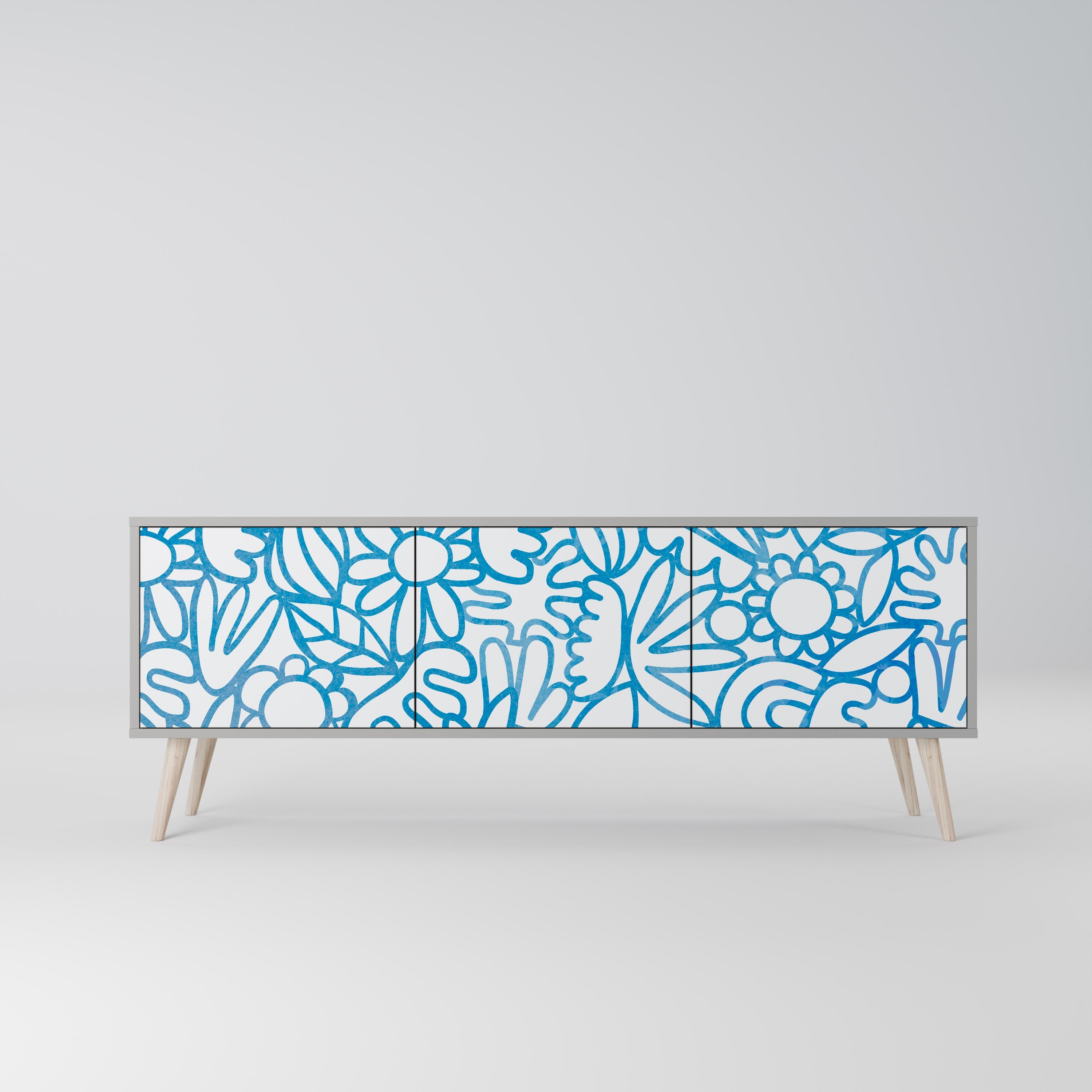 Meuble TV 3 portes BLOOMY MORNING, finition grise