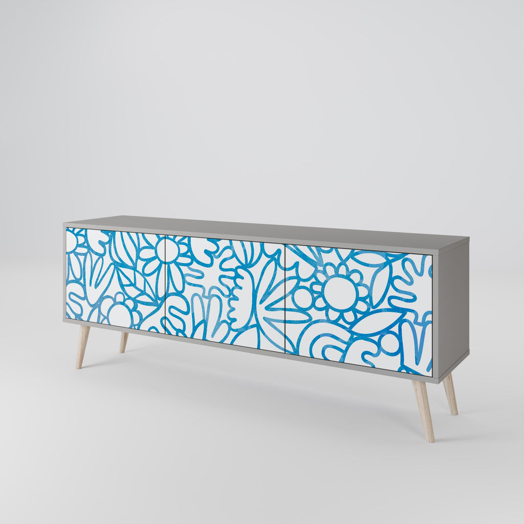 Meuble TV 3 portes BLOOMY MORNING, finition grise