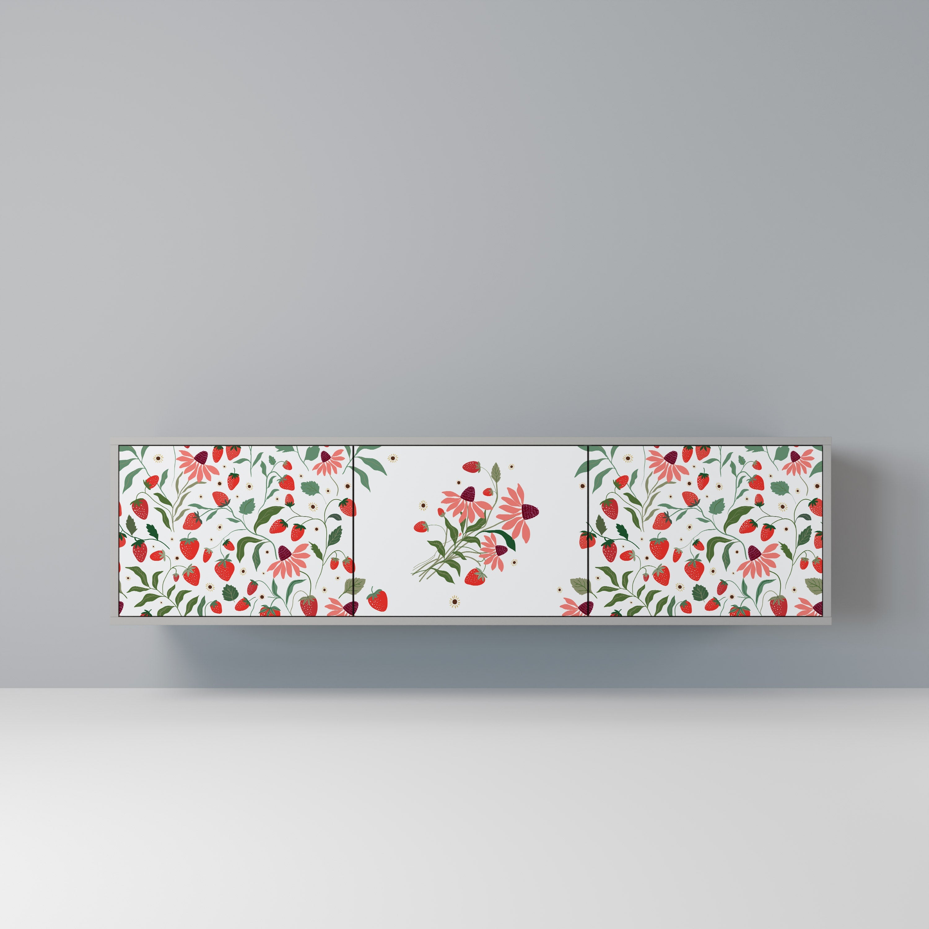 Meuble TV 3 portes FLOWERS AND STRAWBERRIES, finition grise