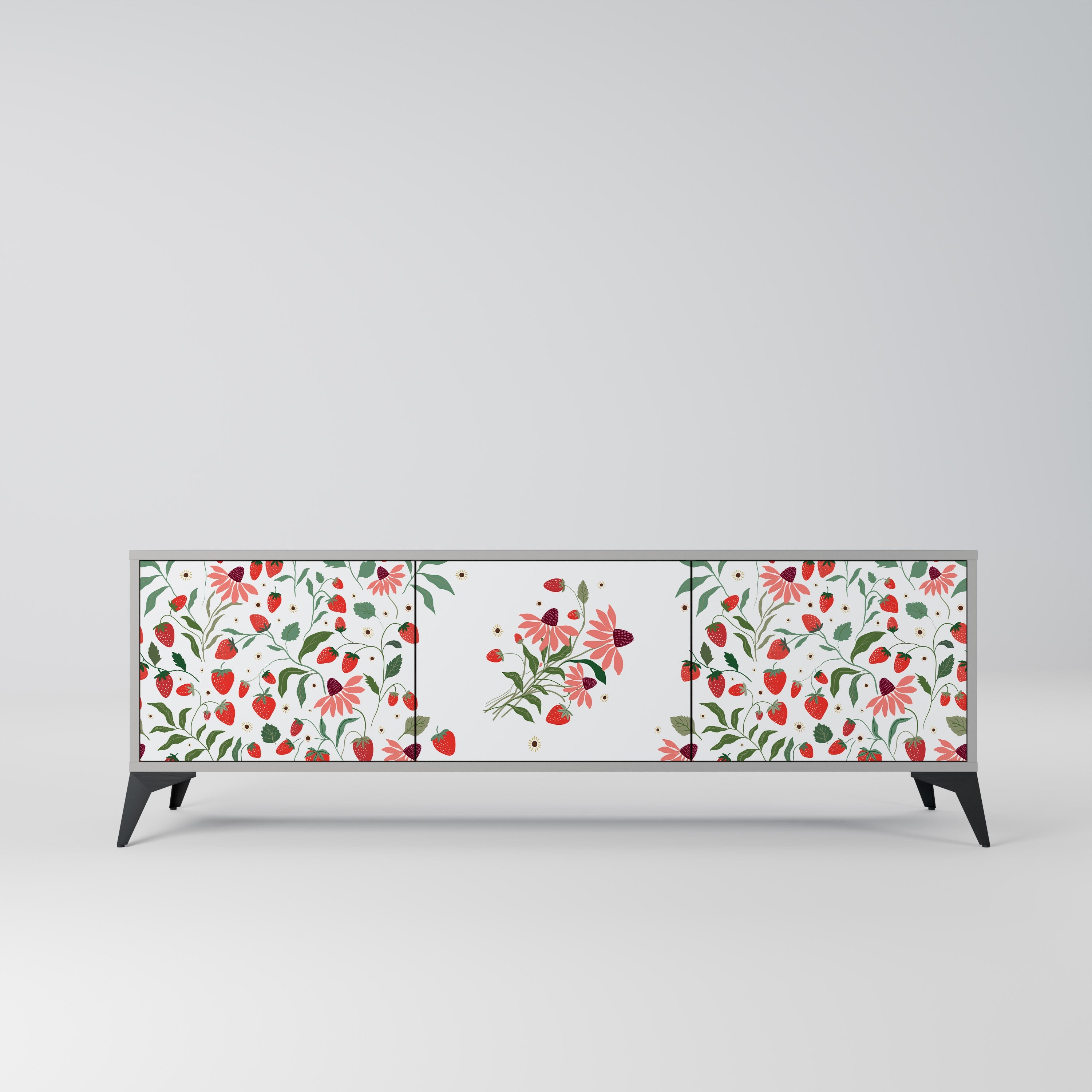 Meuble TV 3 portes FLOWERS AND STRAWBERRIES, finition grise