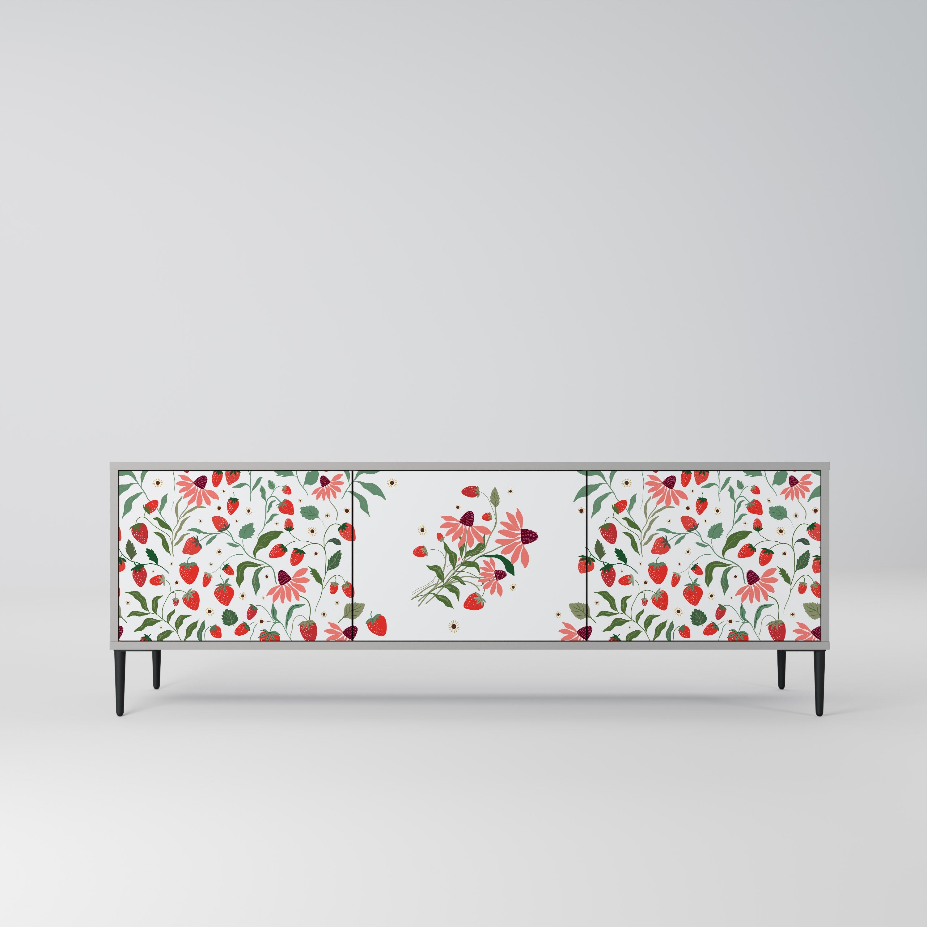 Meuble TV 3 portes FLOWERS AND STRAWBERRIES, finition grise