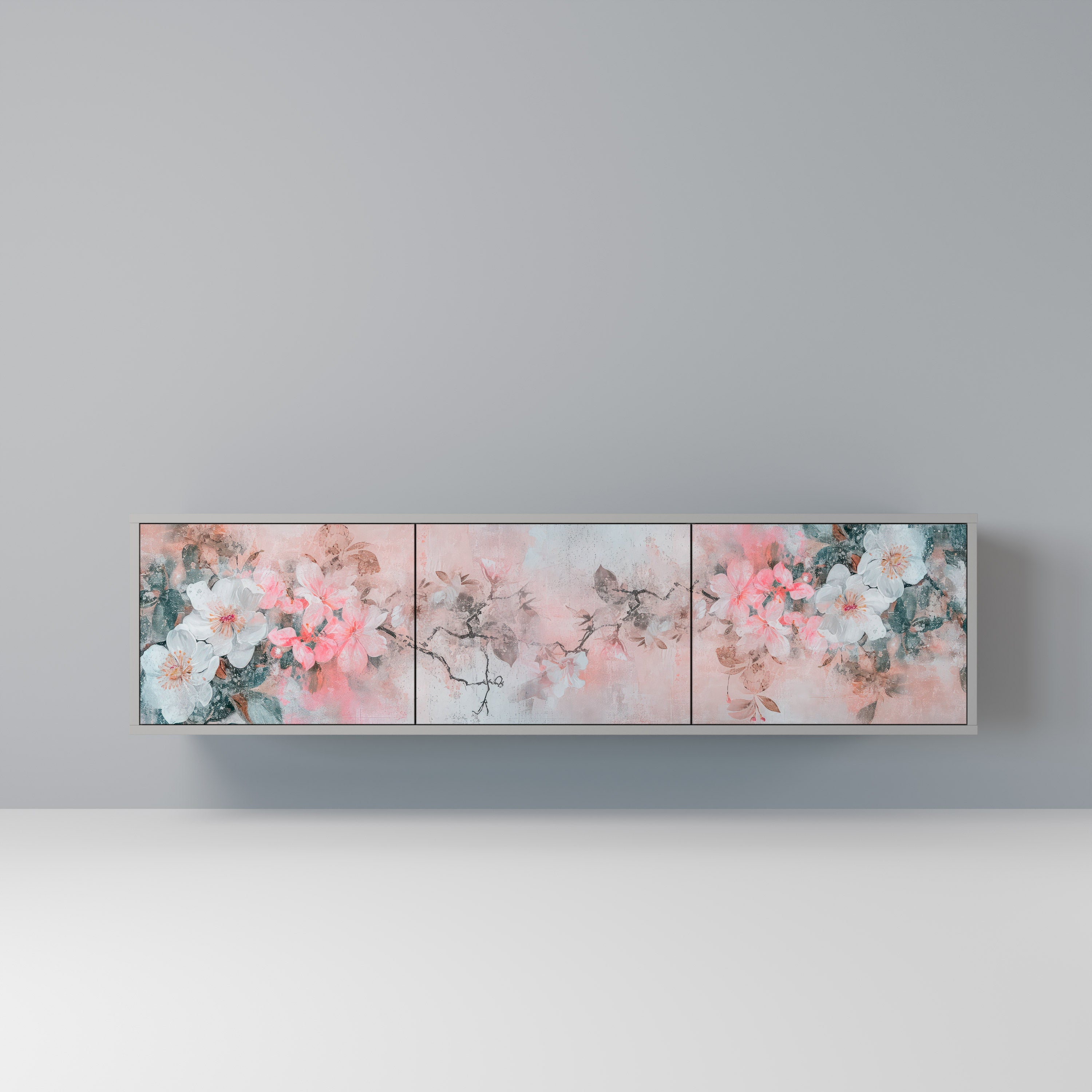 Meuble TV 3 portes CHERRY BLOSSOM, finition grise