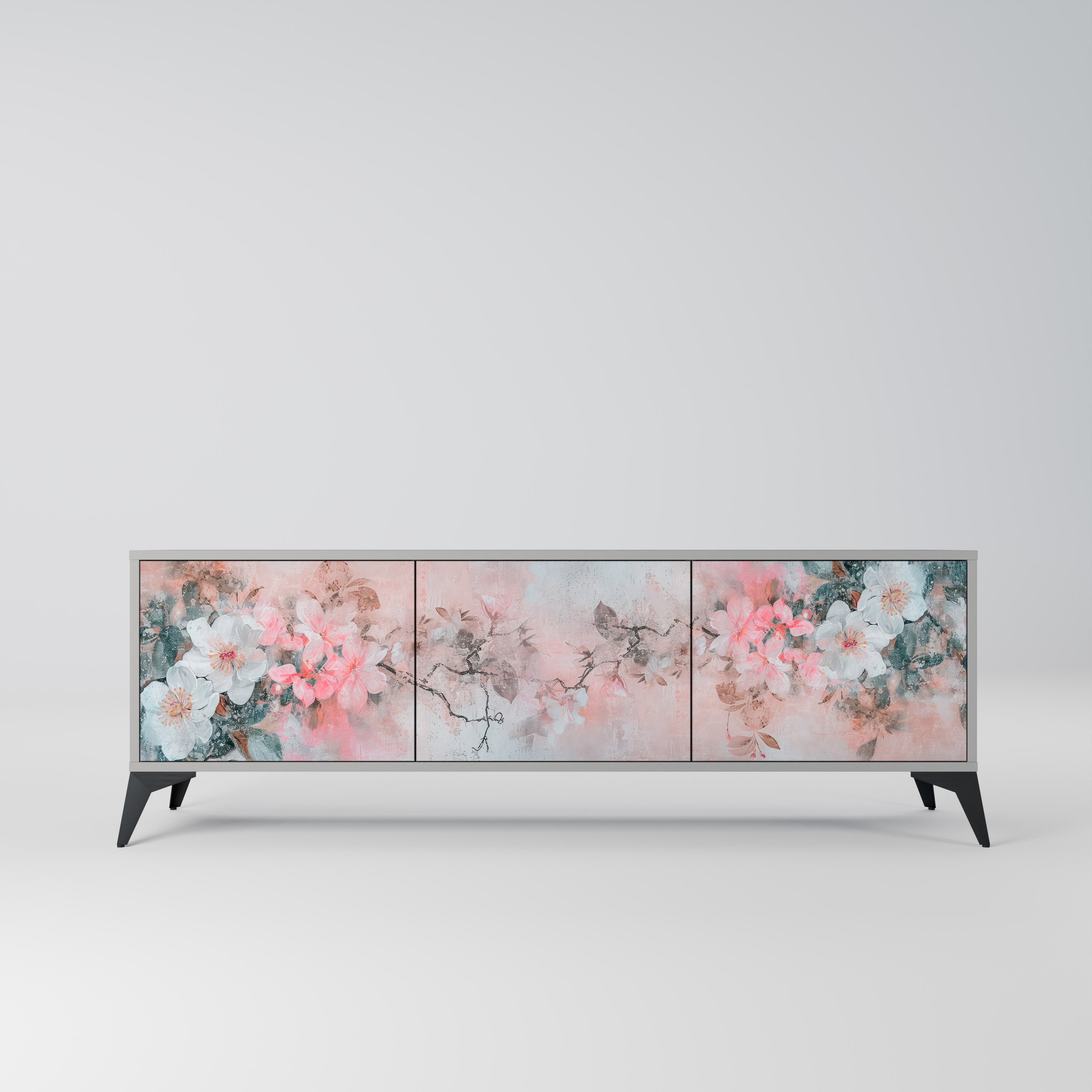 Meuble TV 3 portes CHERRY BLOSSOM, finition grise