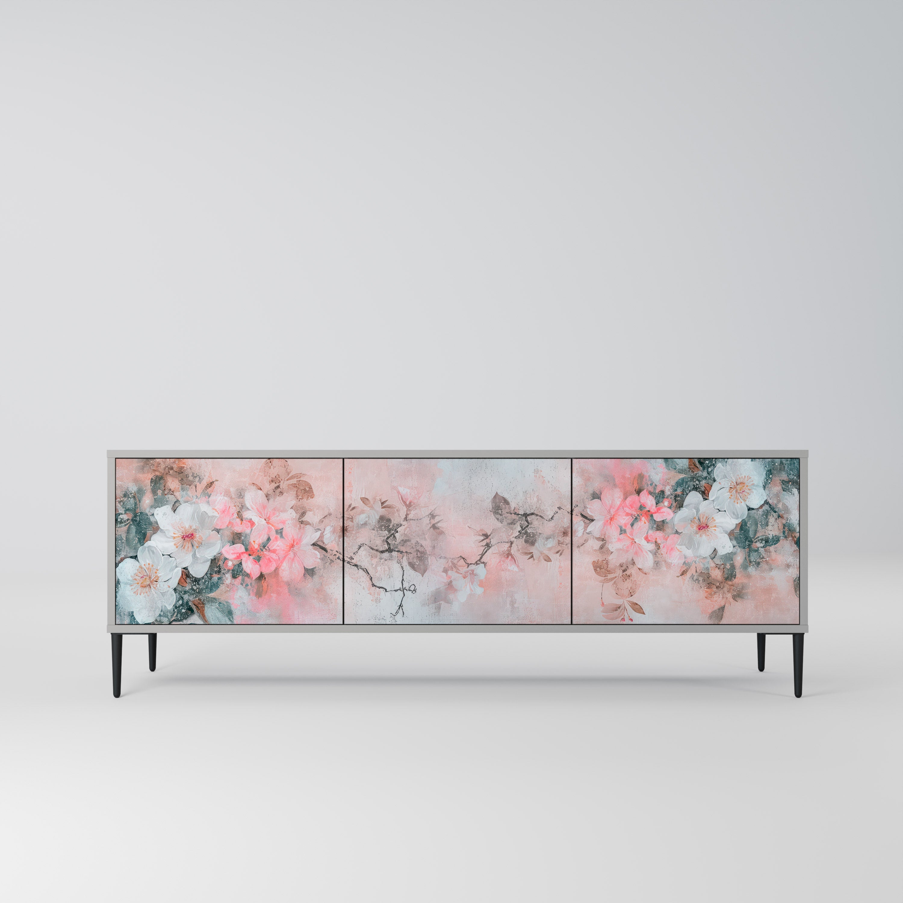 Meuble TV 3 portes CHERRY BLOSSOM, finition grise