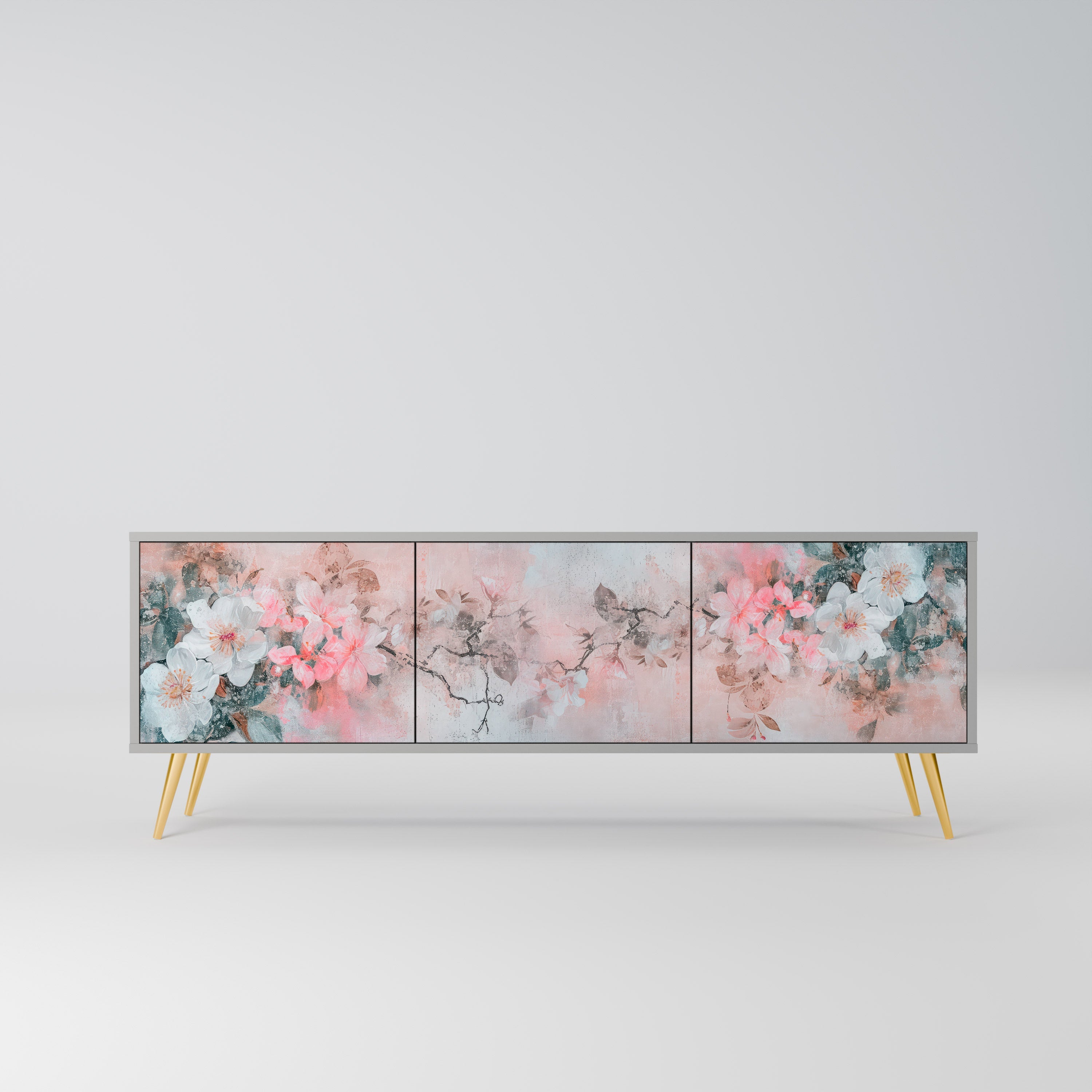 Meuble TV 3 portes CHERRY BLOSSOM, finition grise