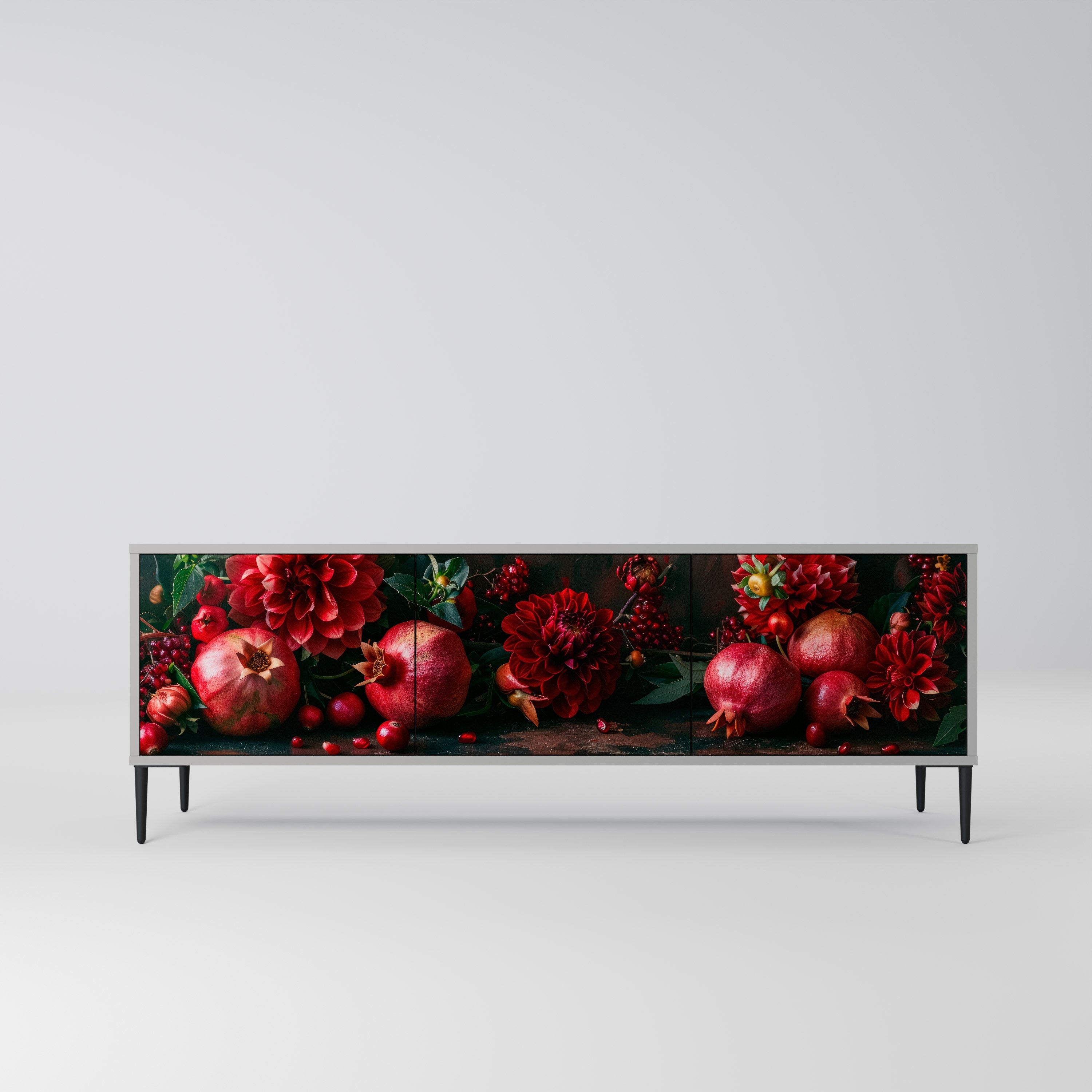 Meuble TV 3 portes DAHLIAS ET GRENADES, finition grise