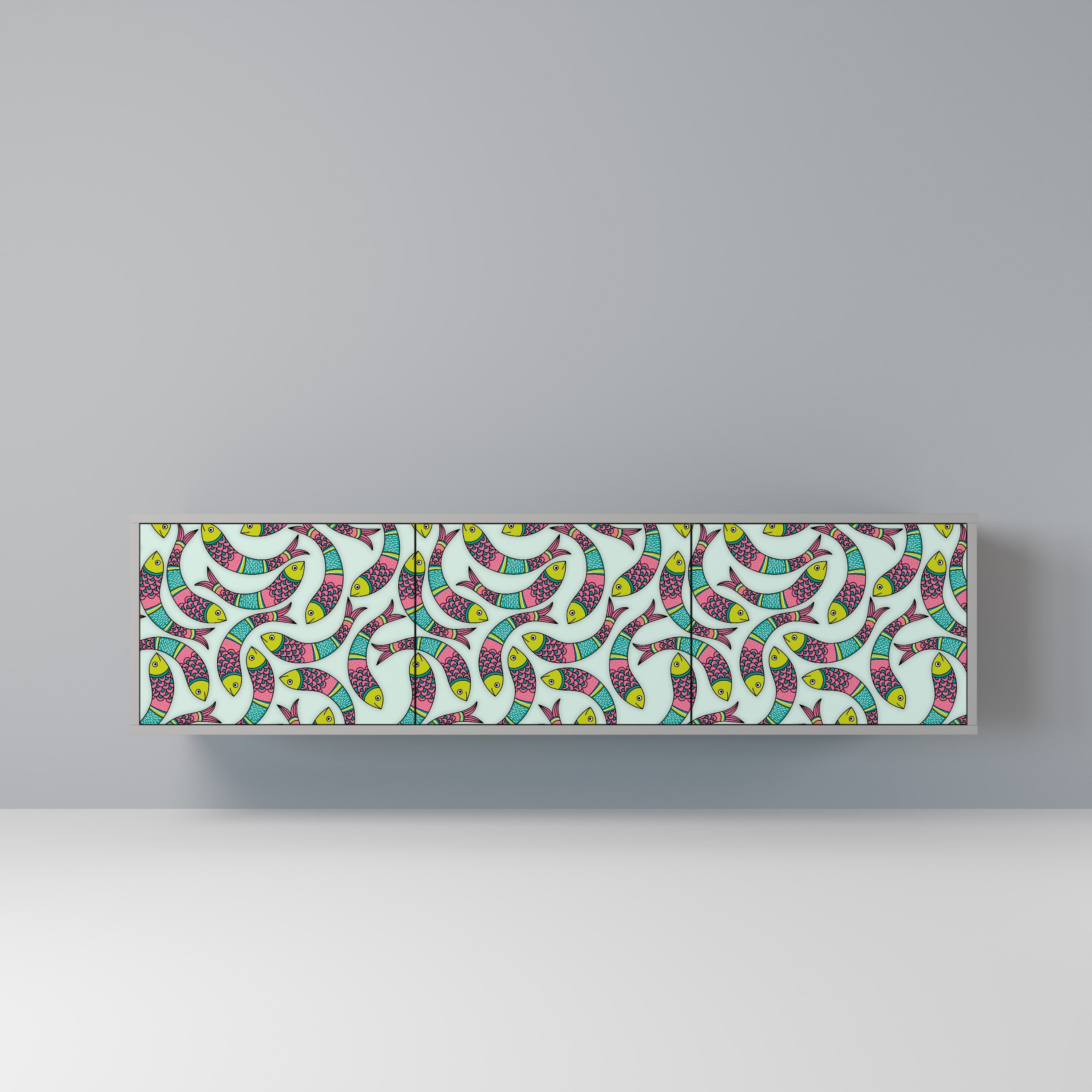 Meuble TV 3 portes INDIAN FISH, finition grise