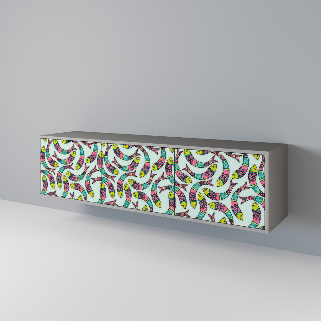 Meuble TV 3 portes INDIAN FISH, finition grise