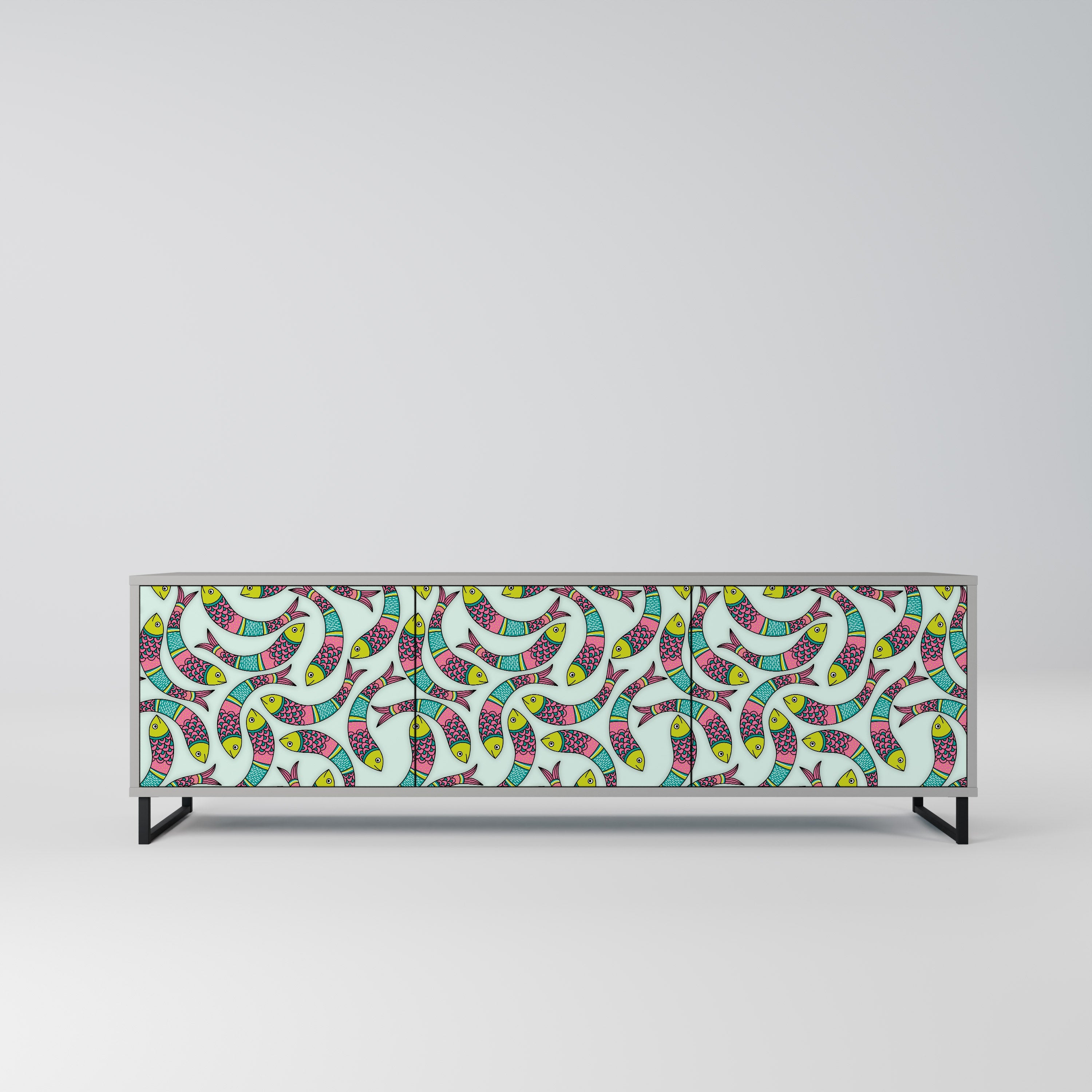 Meuble TV 3 portes INDIAN FISH, finition grise