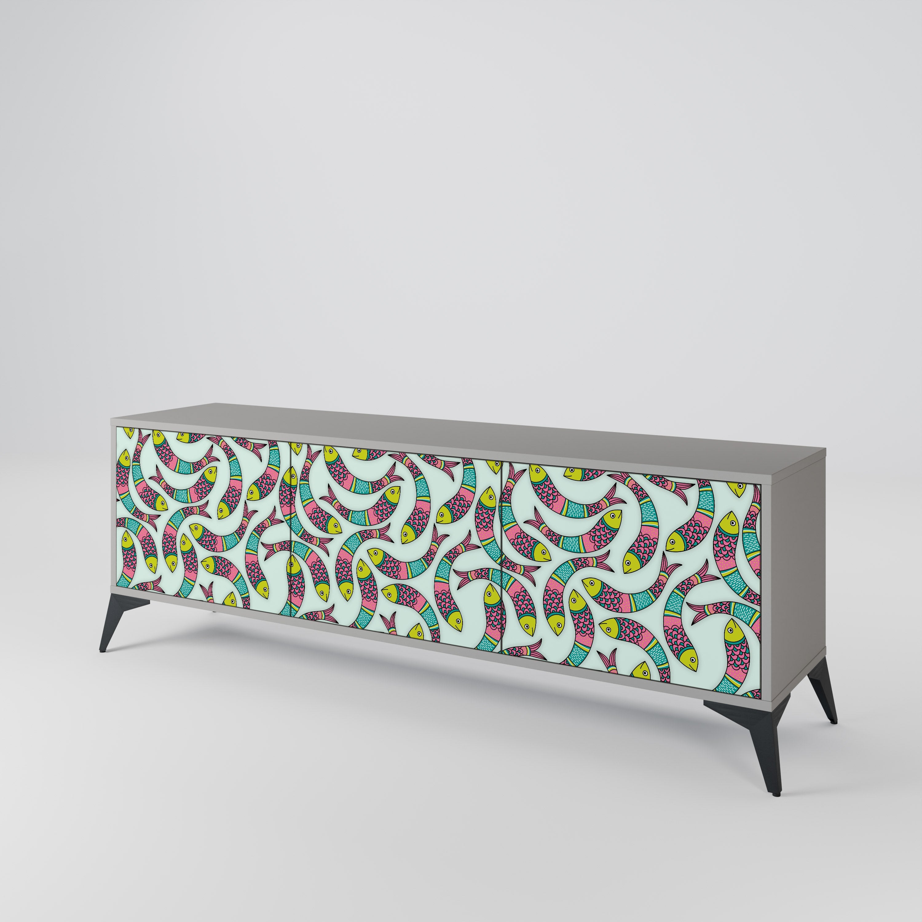 Meuble TV 3 portes INDIAN FISH, finition grise