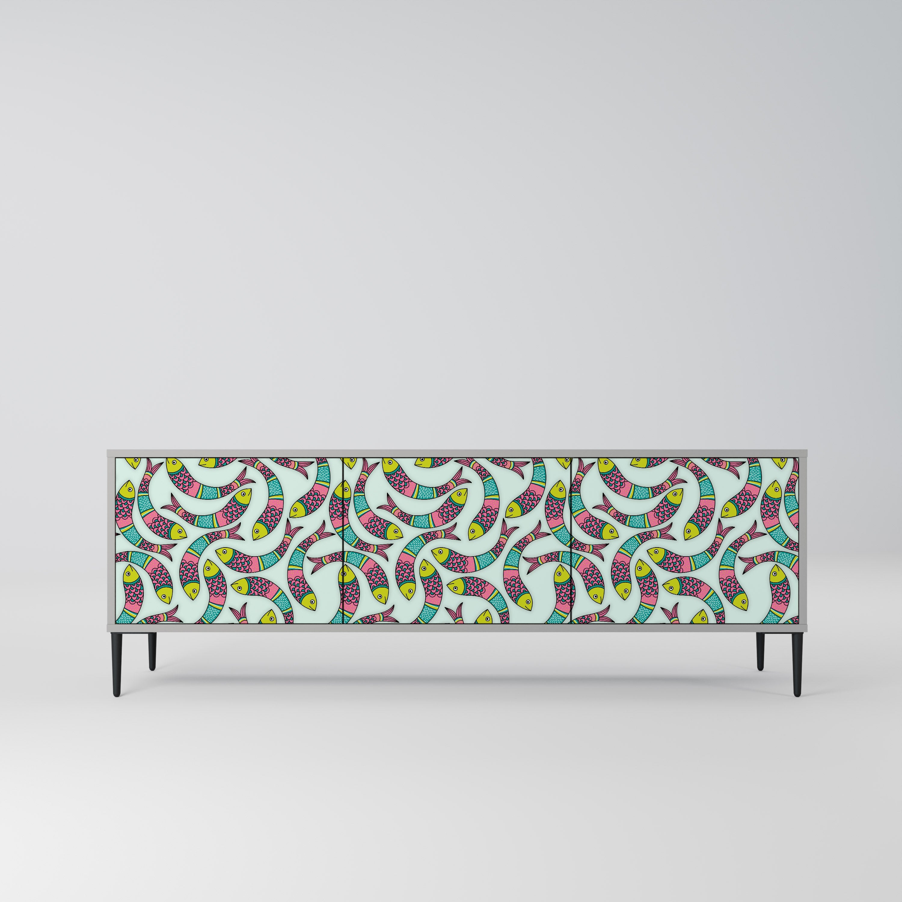 Meuble TV 3 portes INDIAN FISH, finition grise