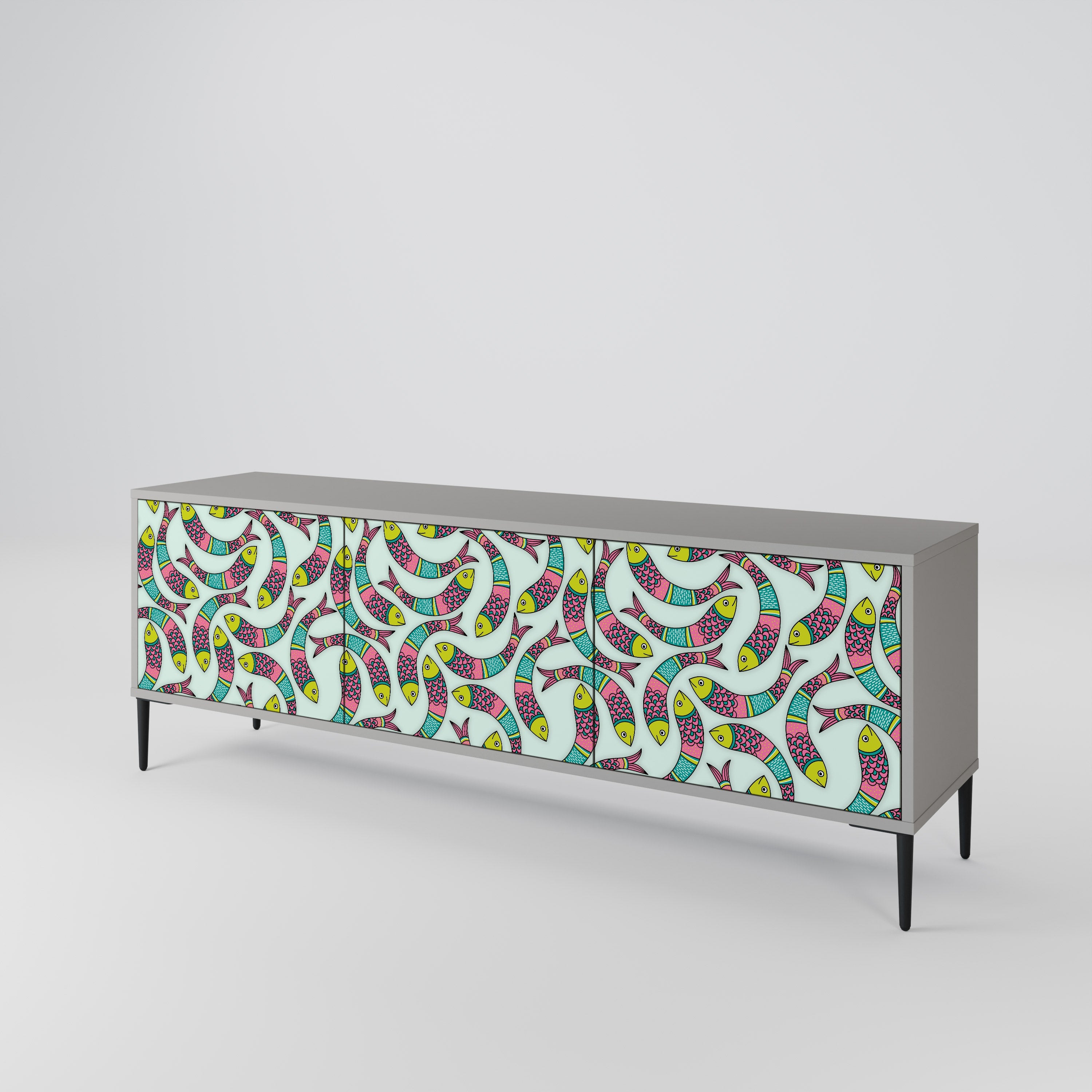 Meuble TV 3 portes INDIAN FISH, finition grise