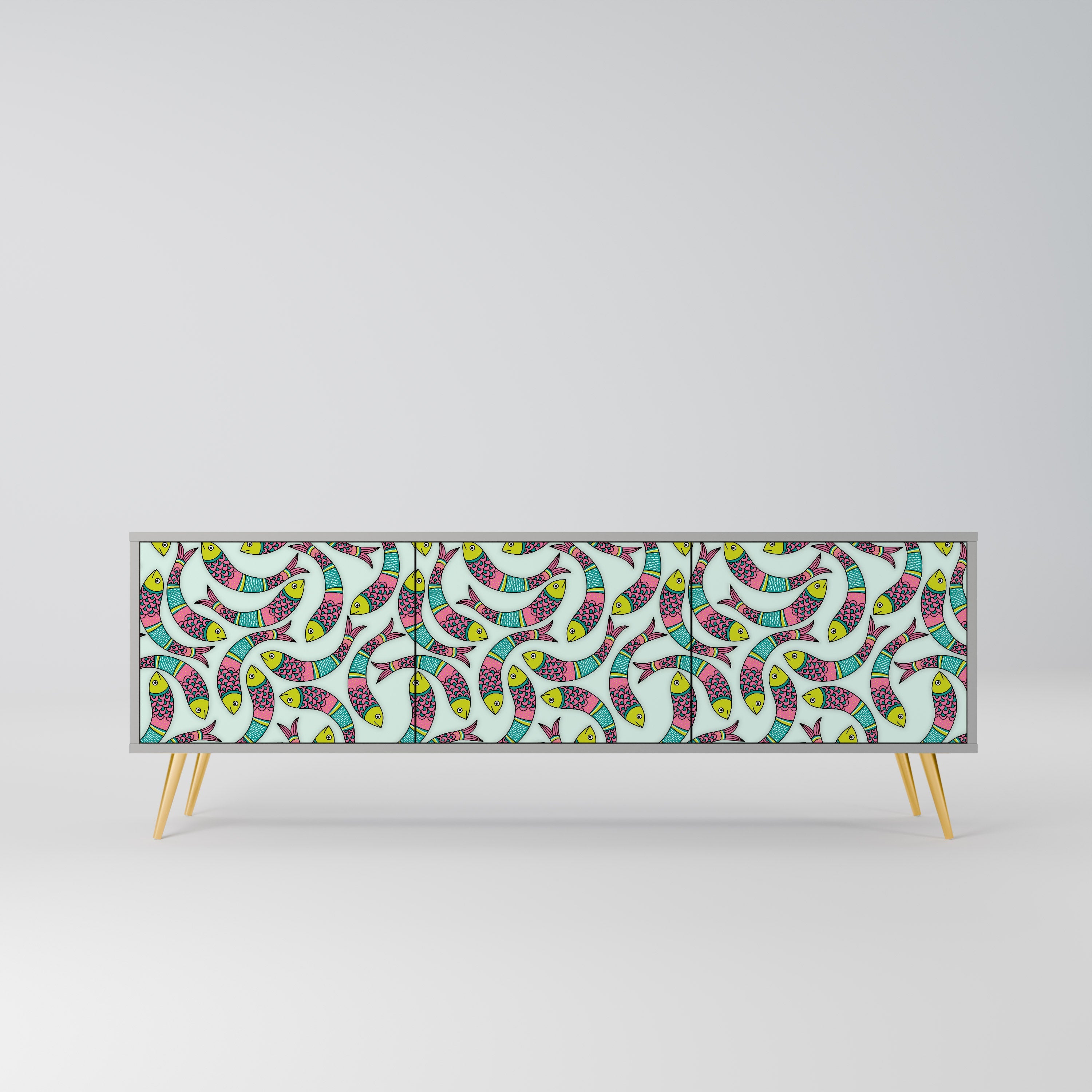 Meuble TV 3 portes INDIAN FISH, finition grise