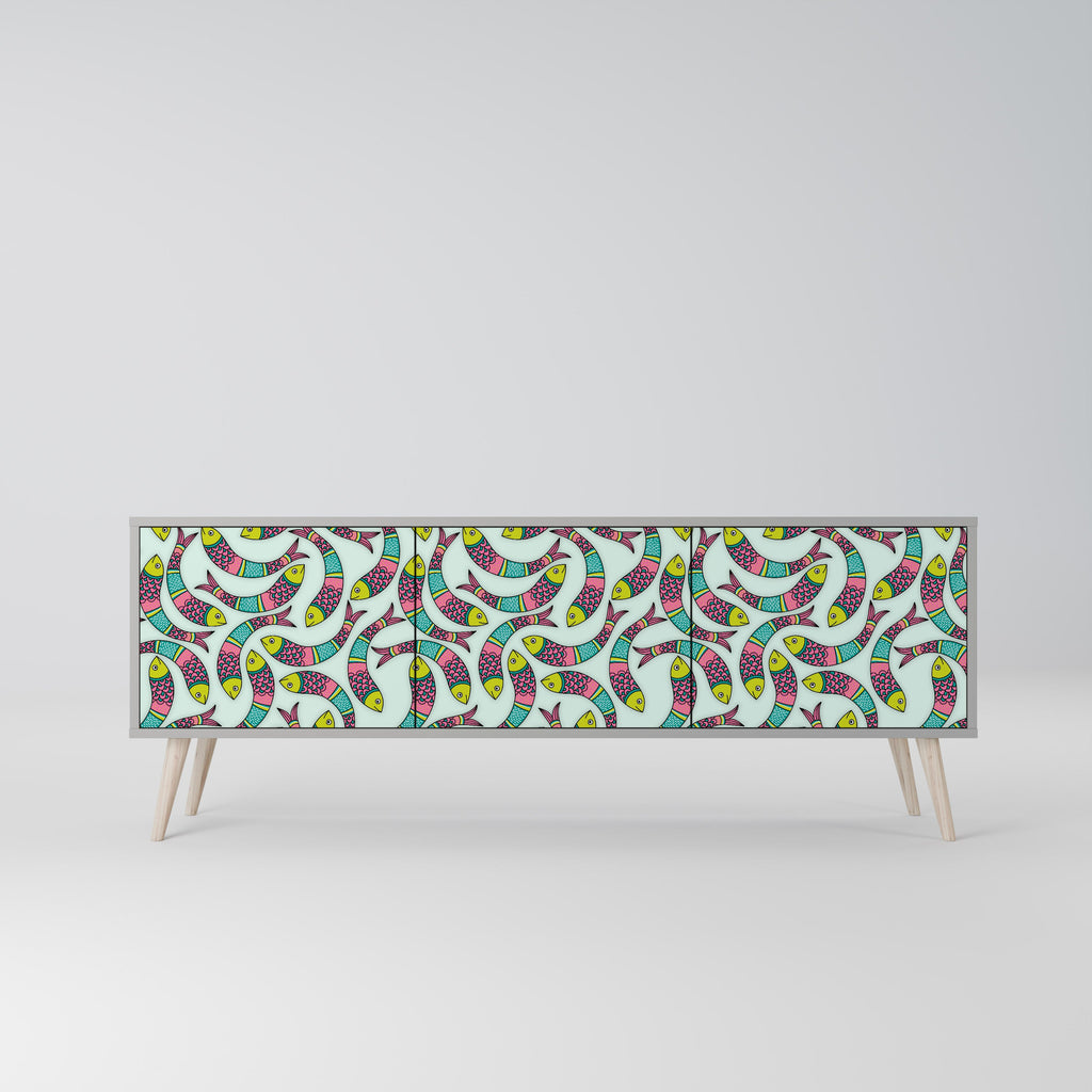 Meuble TV 3 portes INDIAN FISH, finition grise