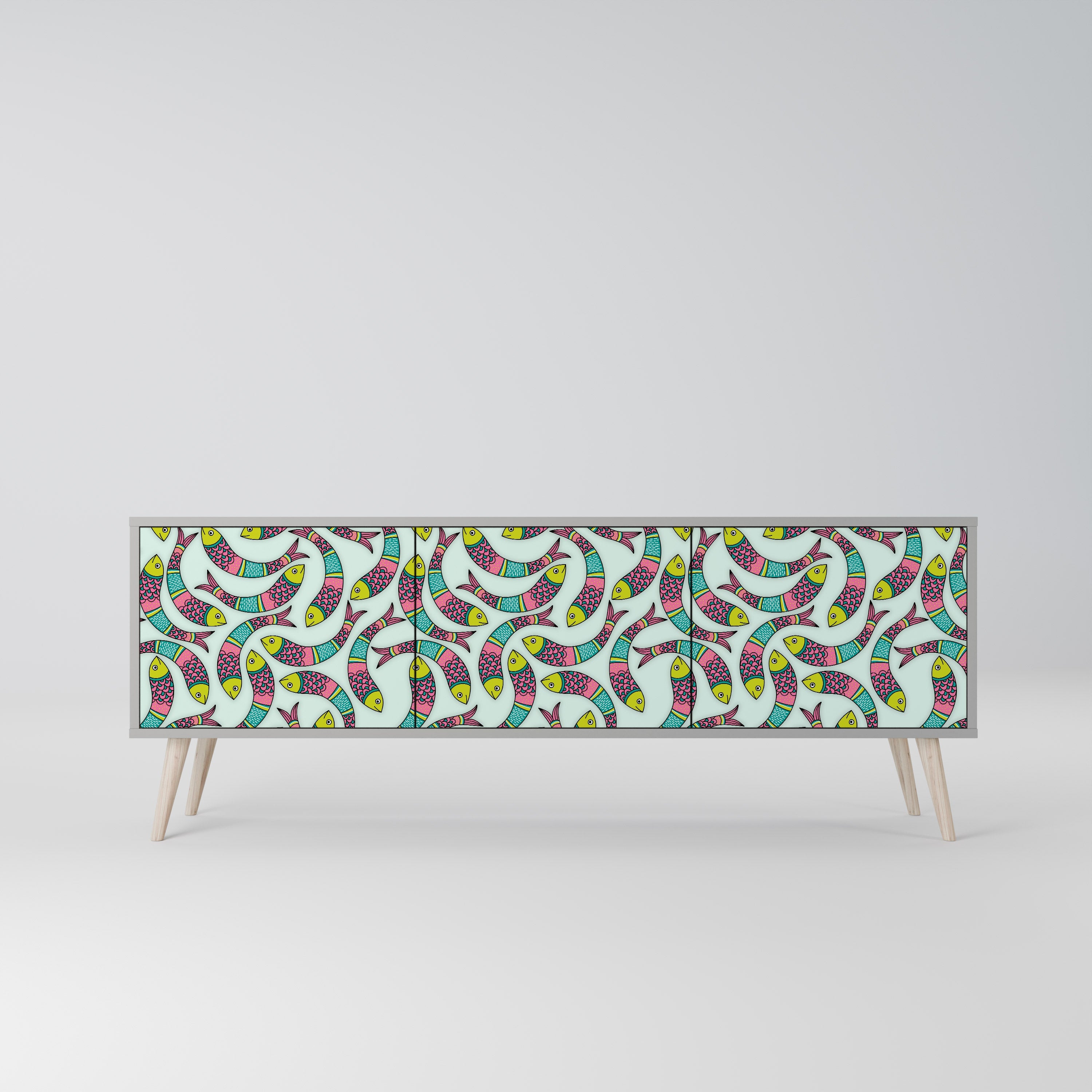 Meuble TV 3 portes INDIAN FISH, finition grise