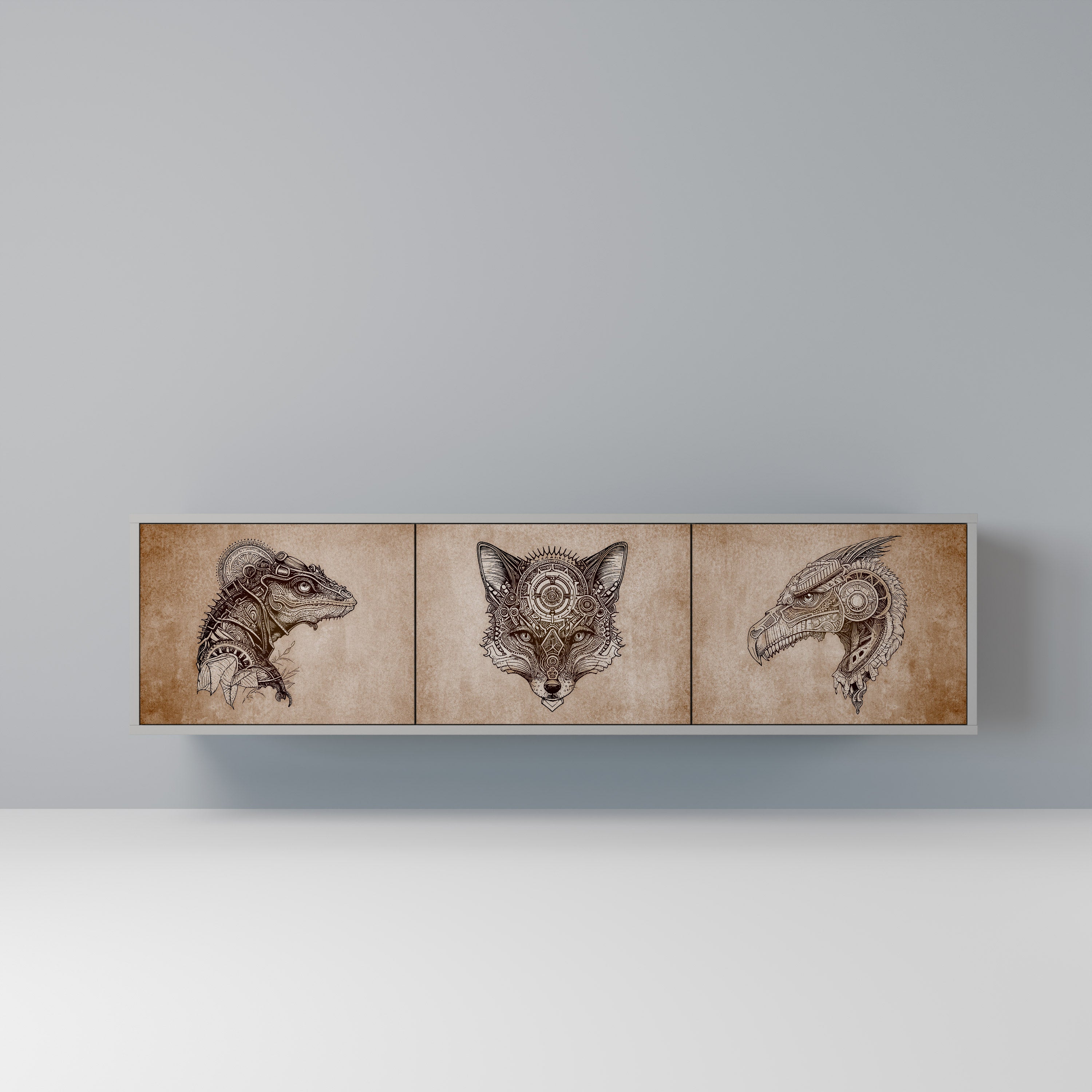 Meuble TV 3 portes STEAMPUNK CLAN, finition grise