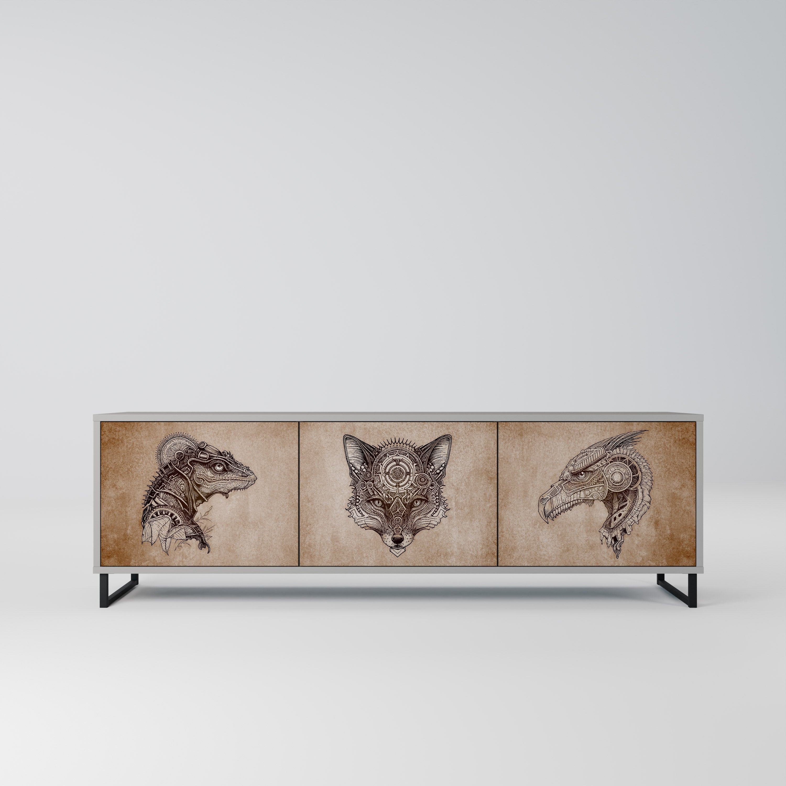 Meuble TV 3 portes STEAMPUNK CLAN, finition grise