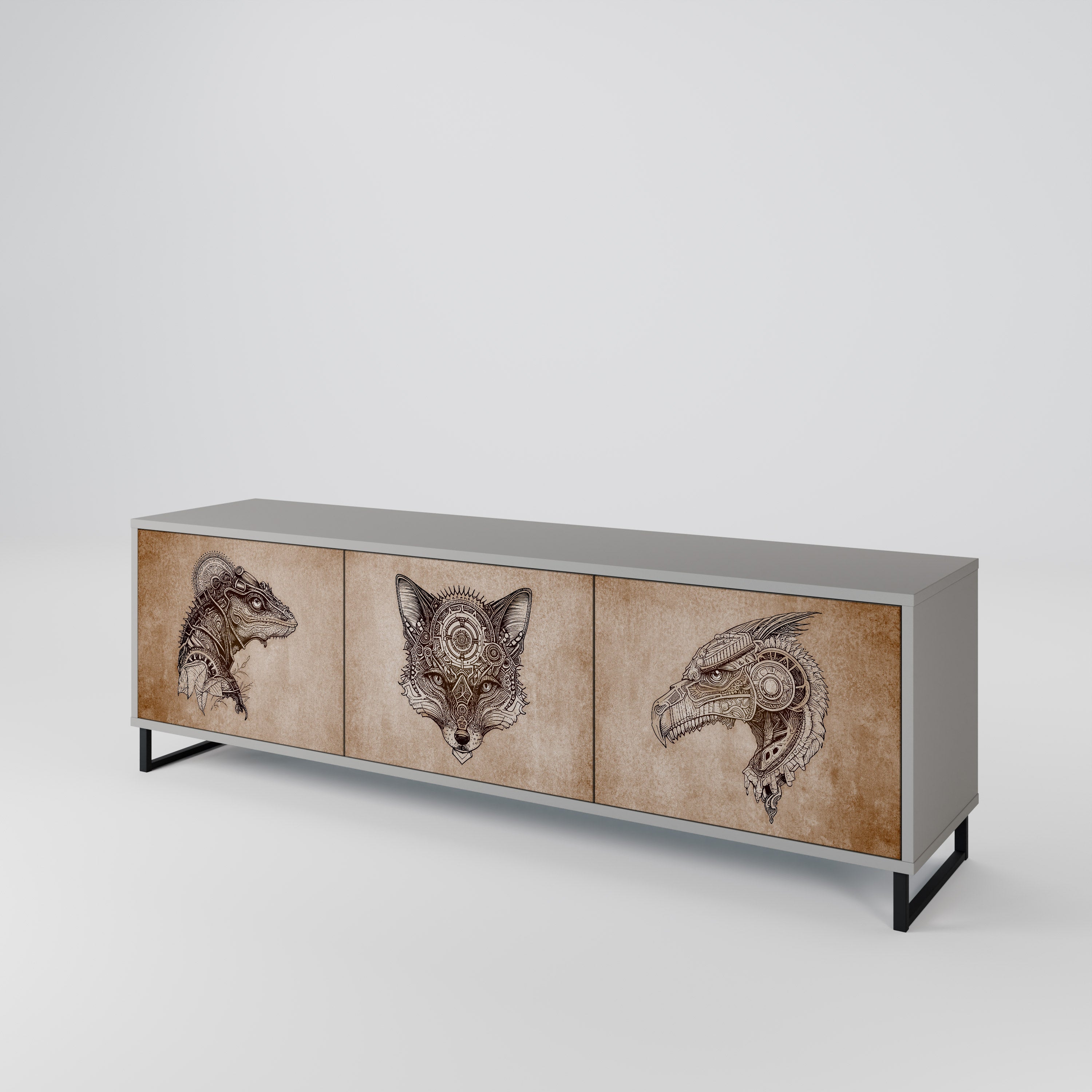 Meuble TV 3 portes STEAMPUNK CLAN, finition grise