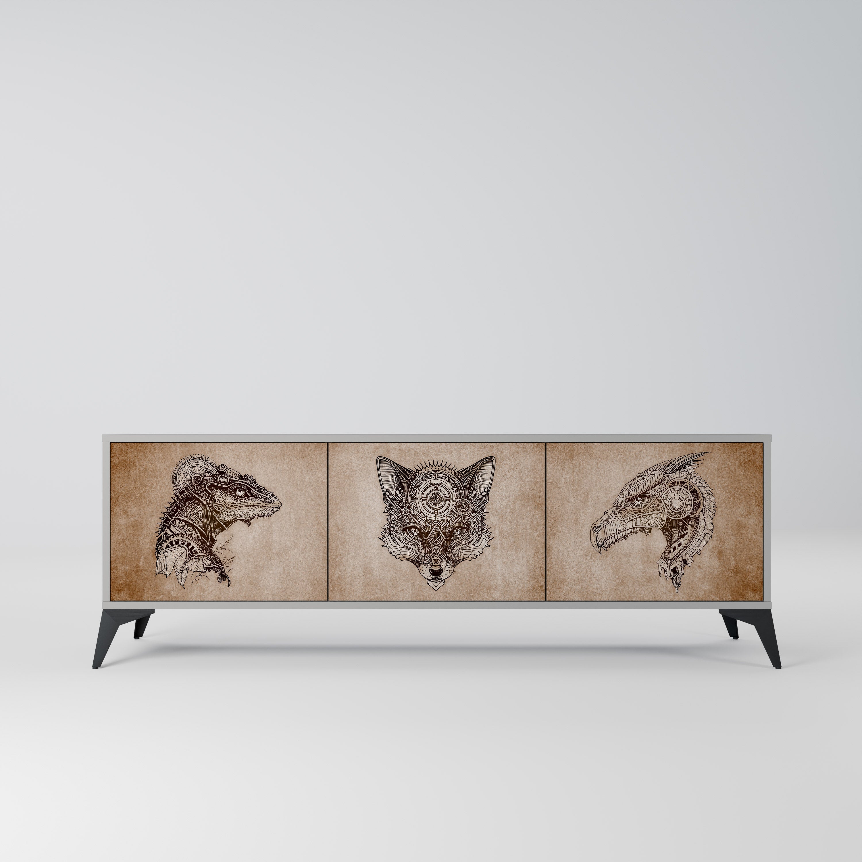 Meuble TV 3 portes STEAMPUNK CLAN, finition grise