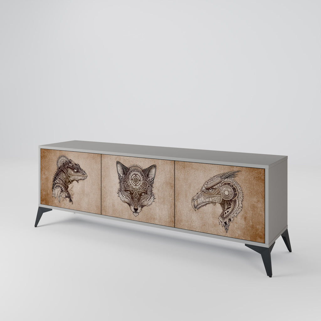 Meuble TV 3 portes STEAMPUNK CLAN, finition grise