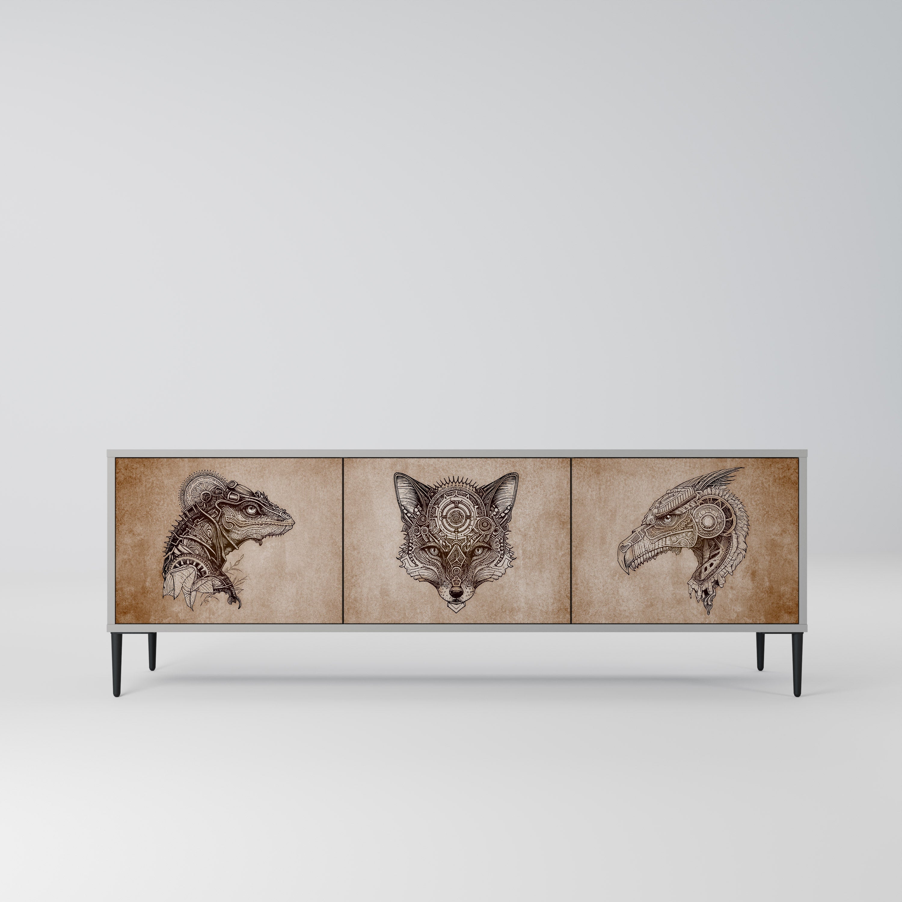 Meuble TV 3 portes STEAMPUNK CLAN, finition grise