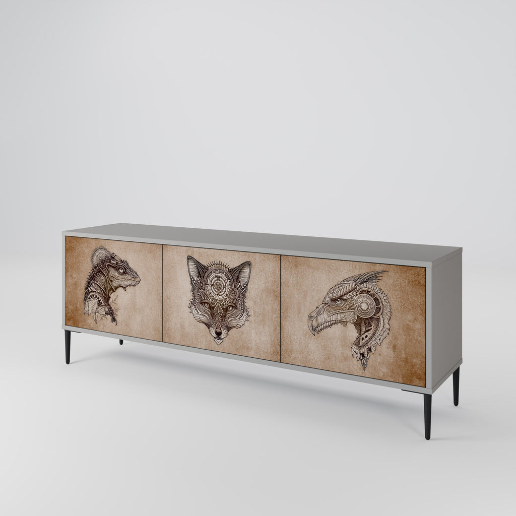 Meuble TV 3 portes STEAMPUNK CLAN, finition grise